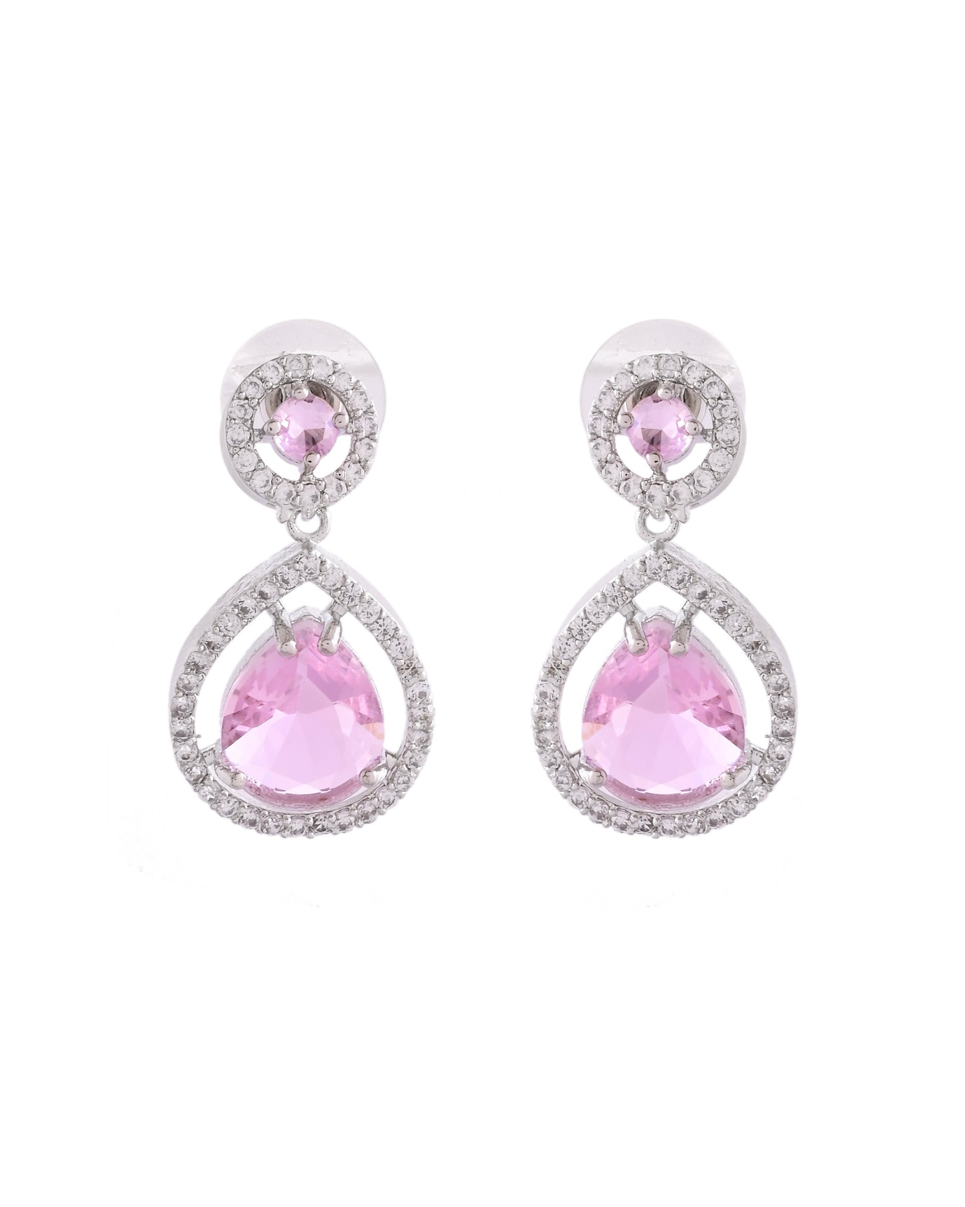 VOJ Silver Plated Baby Pink Stone Studded Teardrop Shaped Earrings 