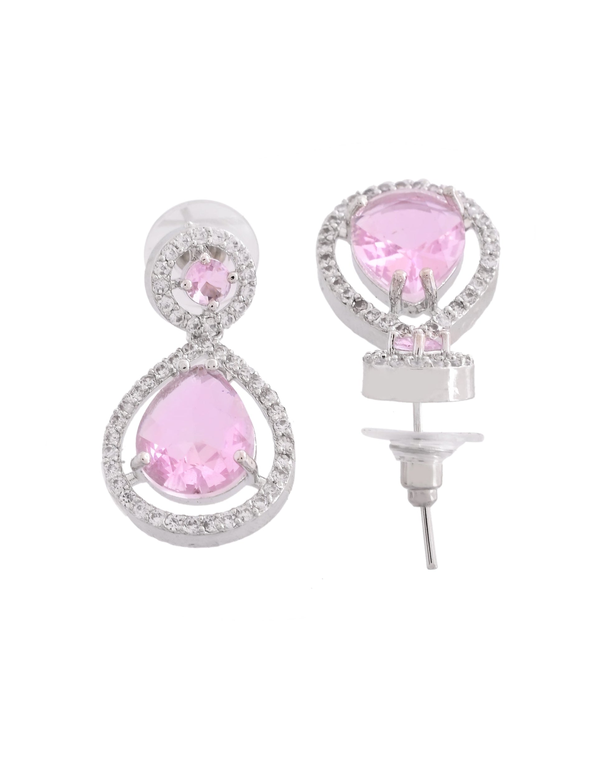 VOJ Silver Plated Baby Pink Stone Studded Teardrop Shaped Earrings 