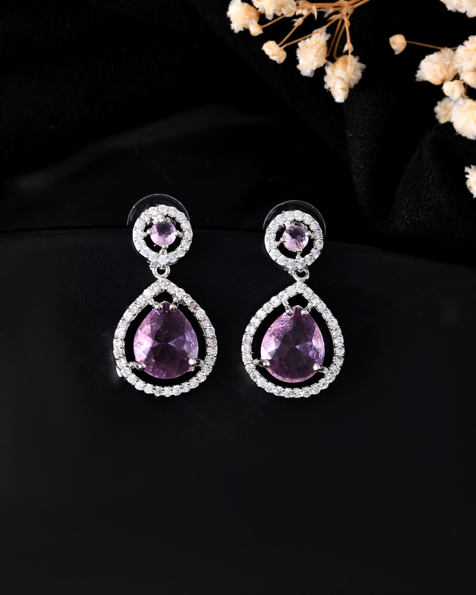 VOJ Silver Plated Baby Pink Stone Studded Teardrop Shaped Earrings 