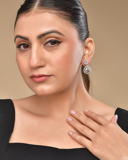 VOJ Silver Plated Stone Studded Teardrop Shaped Earrings 