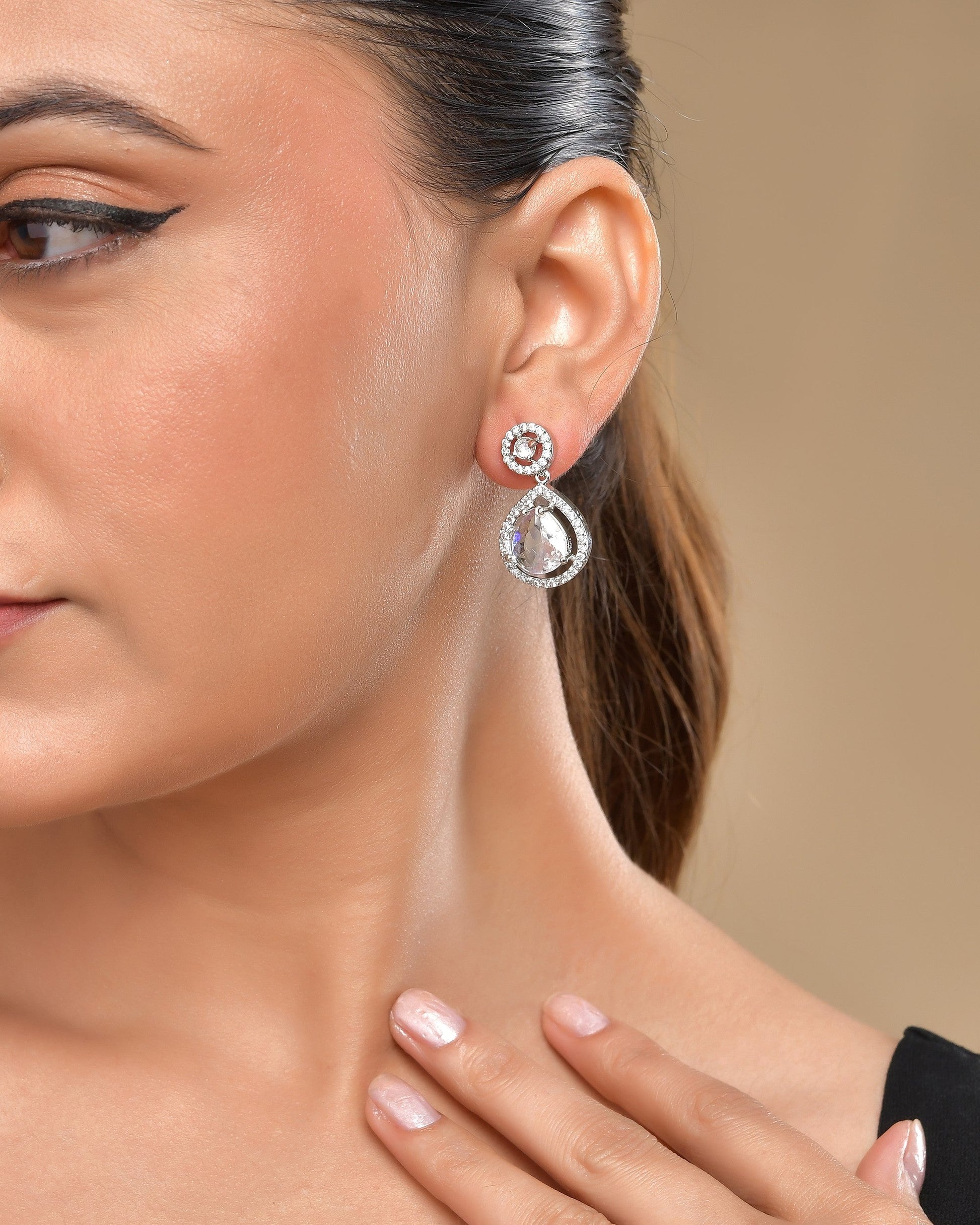 VOJ Silver Plated Stone Studded Teardrop Shaped Earrings 