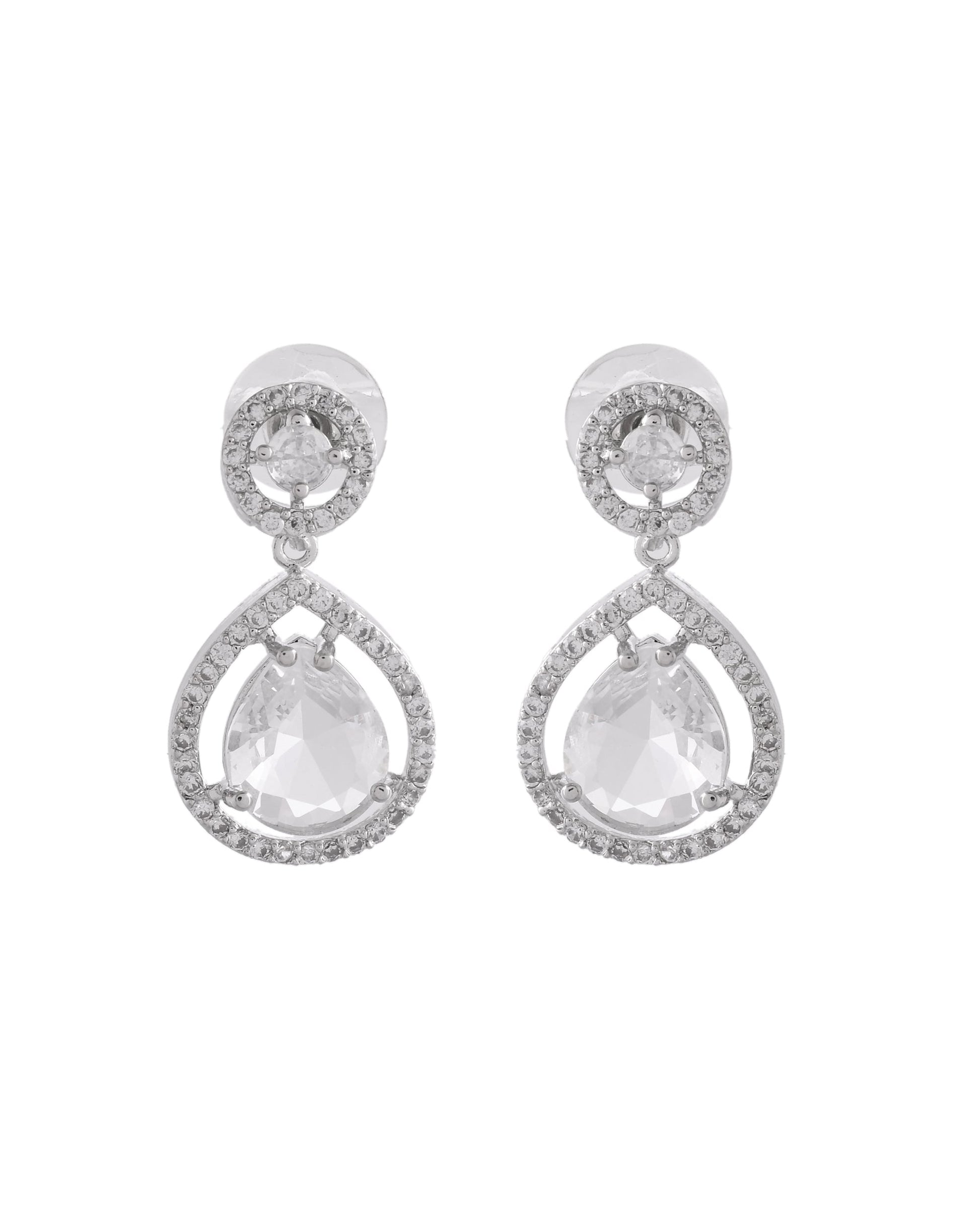 VOJ Silver Plated Stone Studded Teardrop Shaped Earrings 
