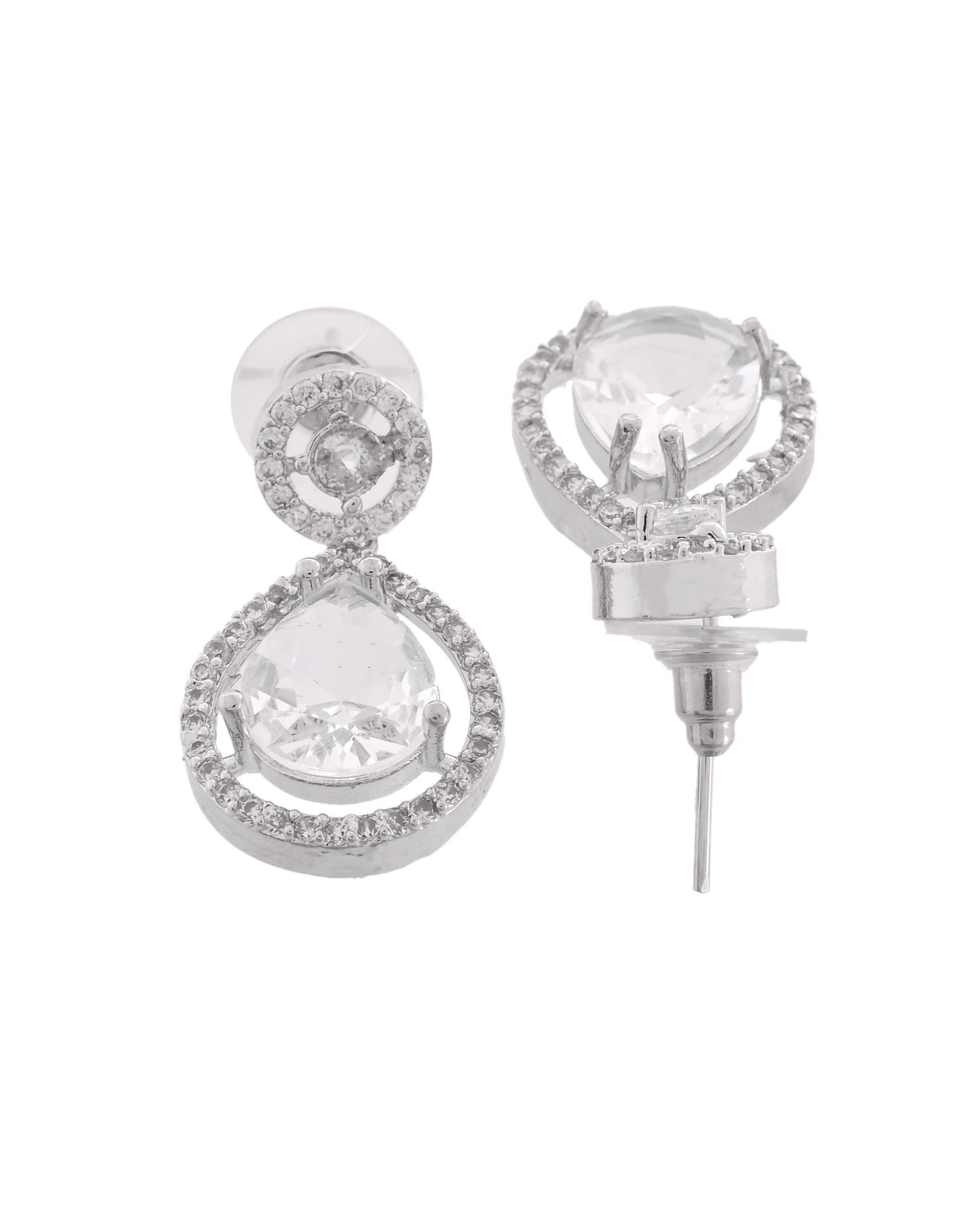 VOJ Silver Plated Stone Studded Teardrop Shaped Earrings 