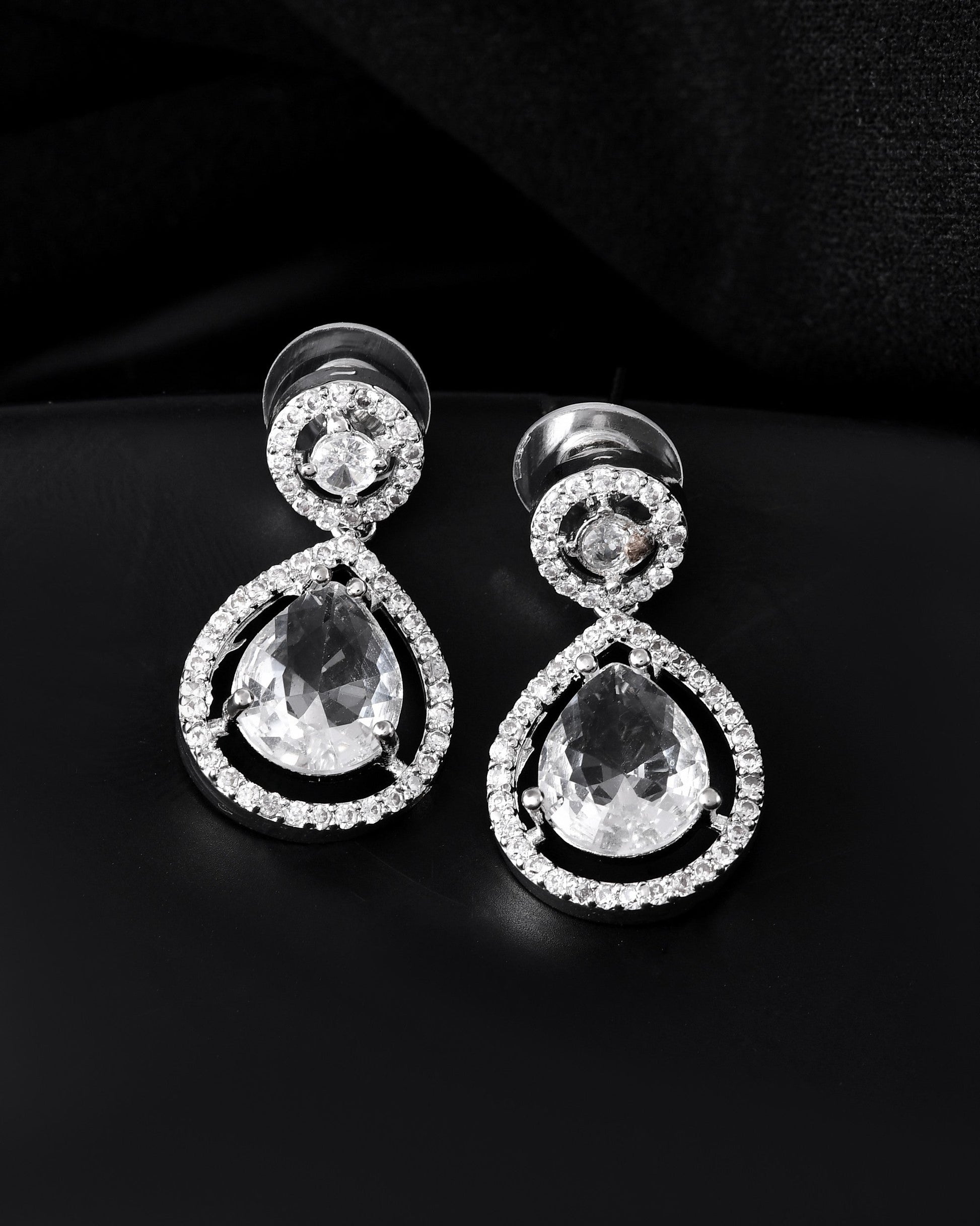 VOJ Silver Plated Stone Studded Teardrop Shaped Earrings 