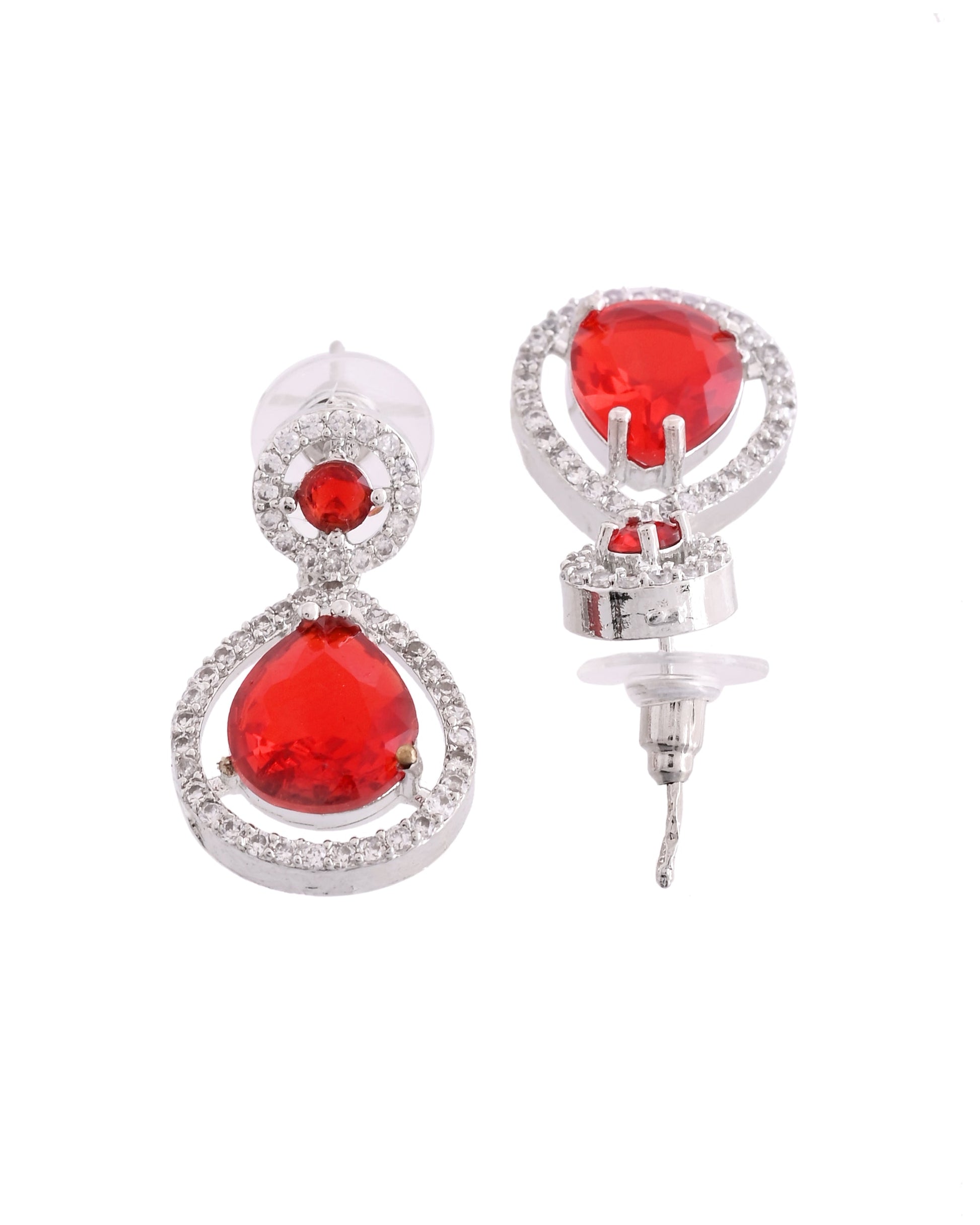 VOJ Silver Plated Red Stone Studded Teardrop Shaped Earrings 