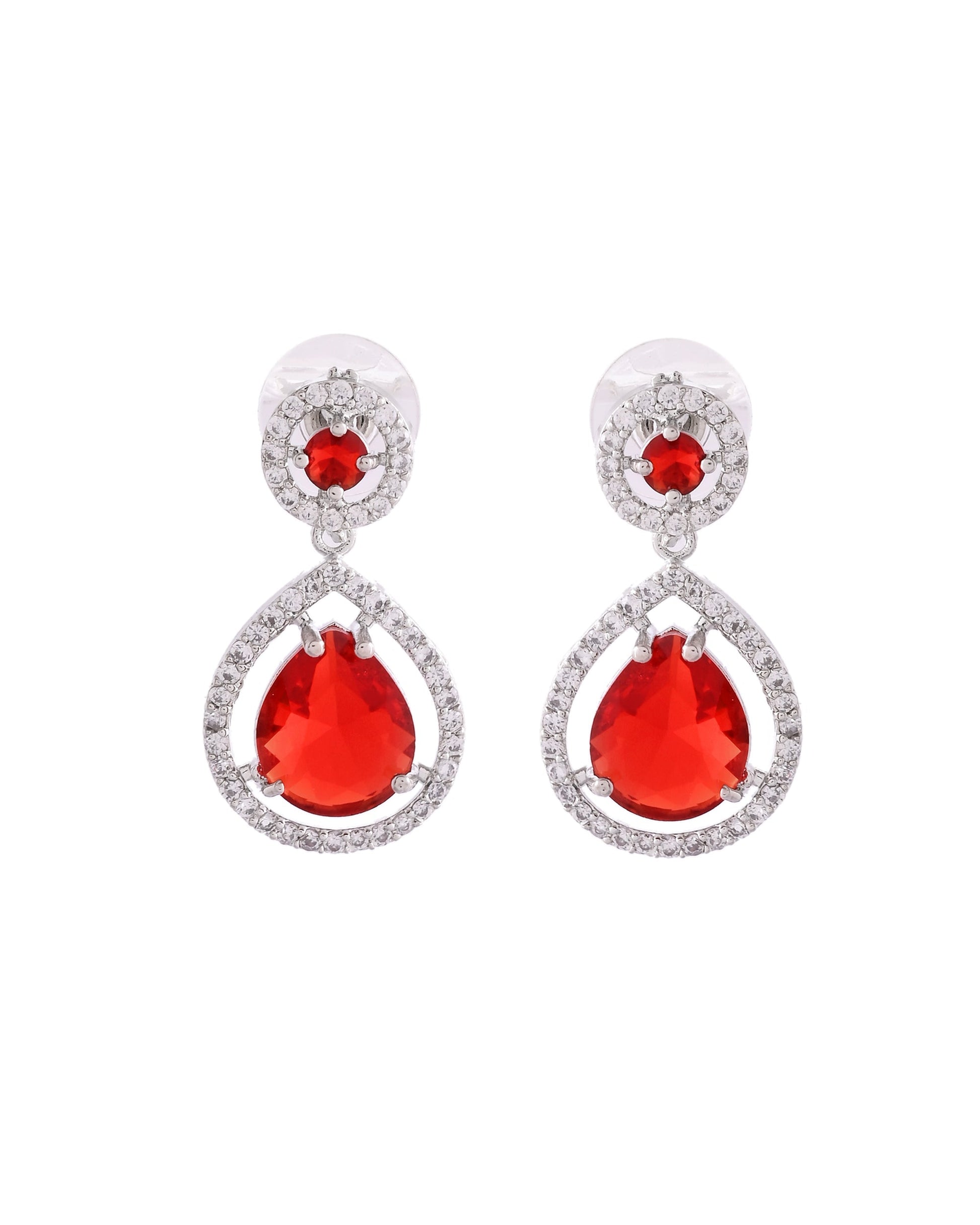 VOJ Silver Plated Red Stone Studded Teardrop Shaped Earrings 