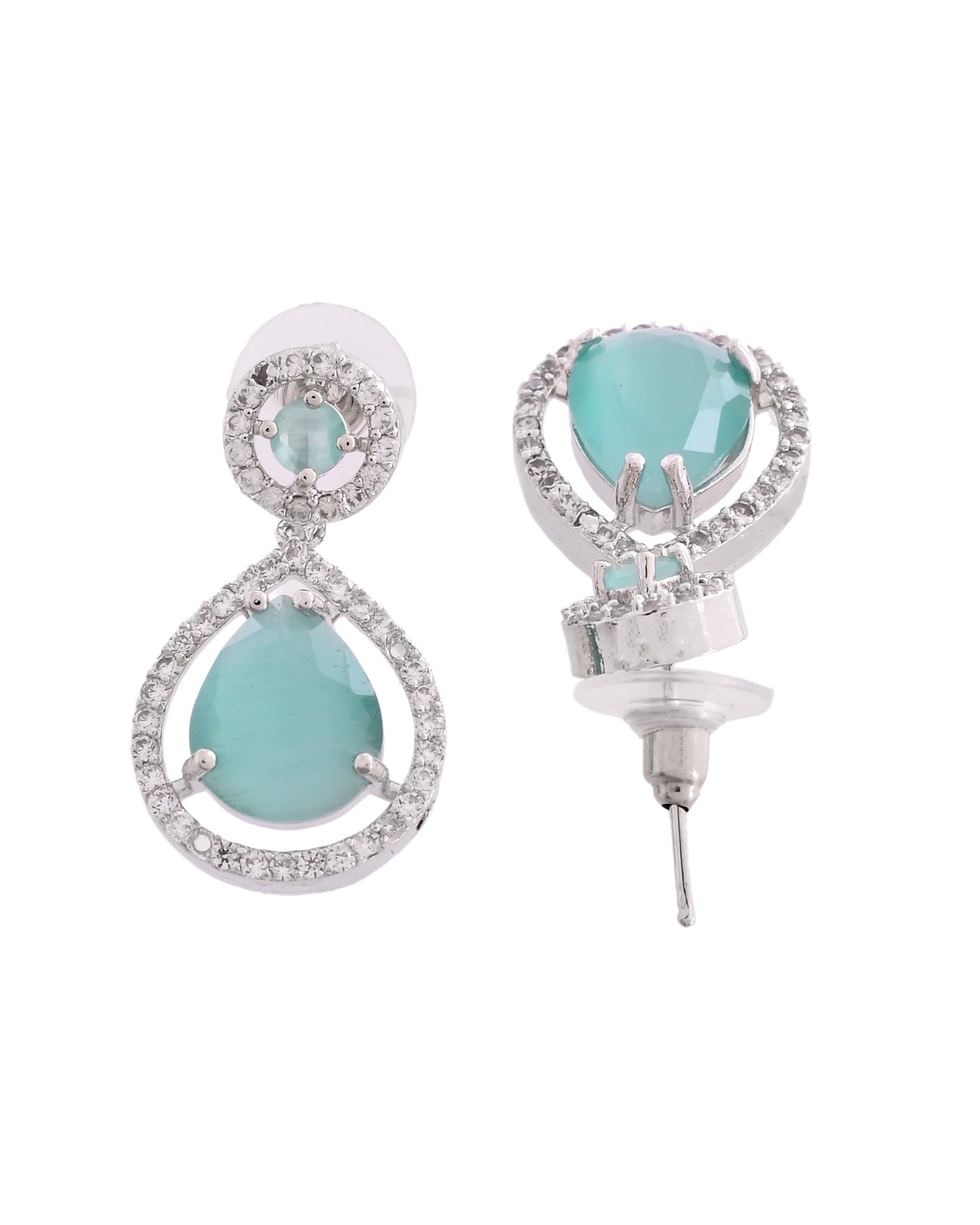 VOJ Silver Plated Sea Green Stone Studded Teardrop Shaped Earrings 