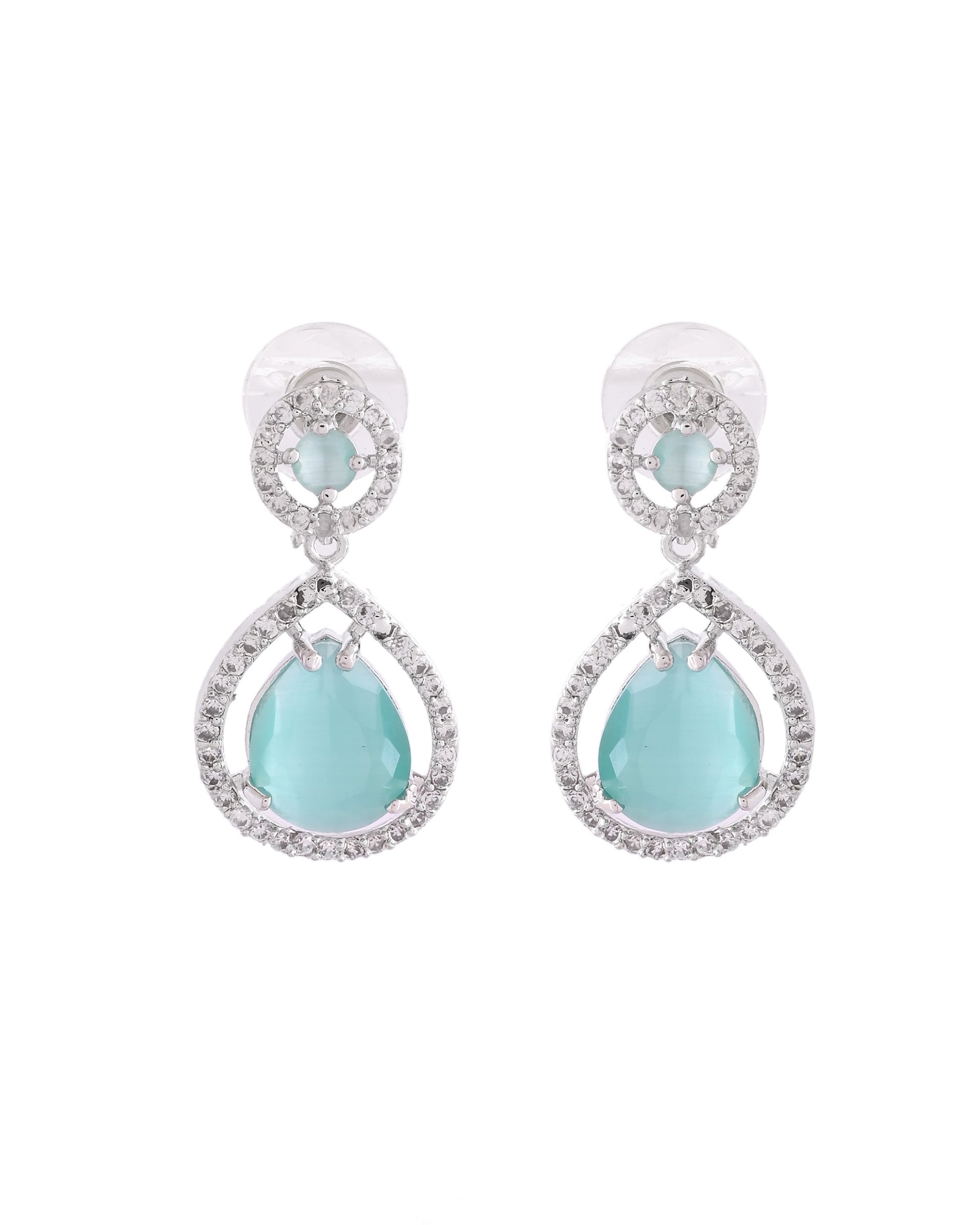 VOJ Silver Plated Sea Green Stone Studded Teardrop Shaped Earrings 