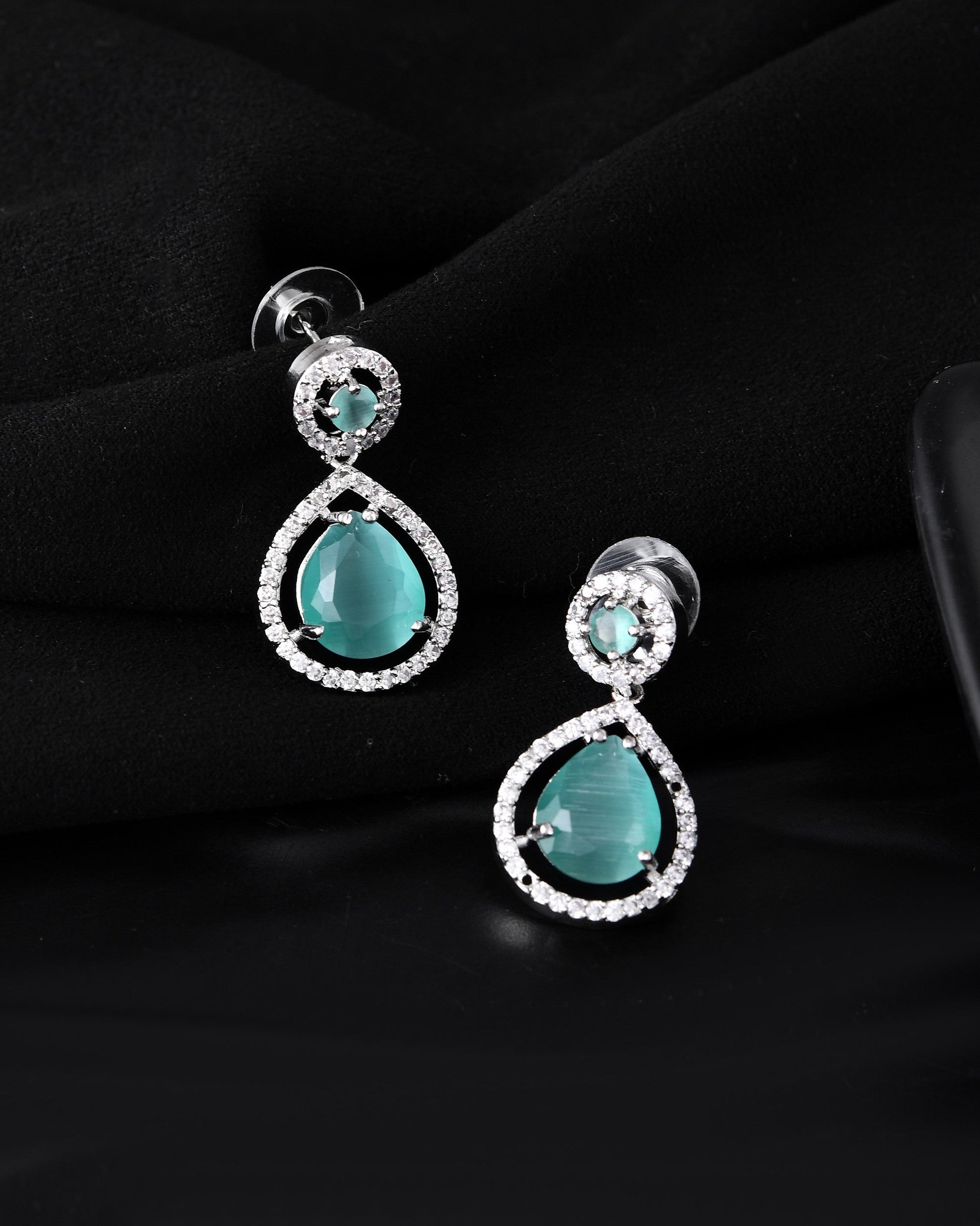 VOJ Silver Plated Sea Green Stone Studded Teardrop Shaped Earrings 