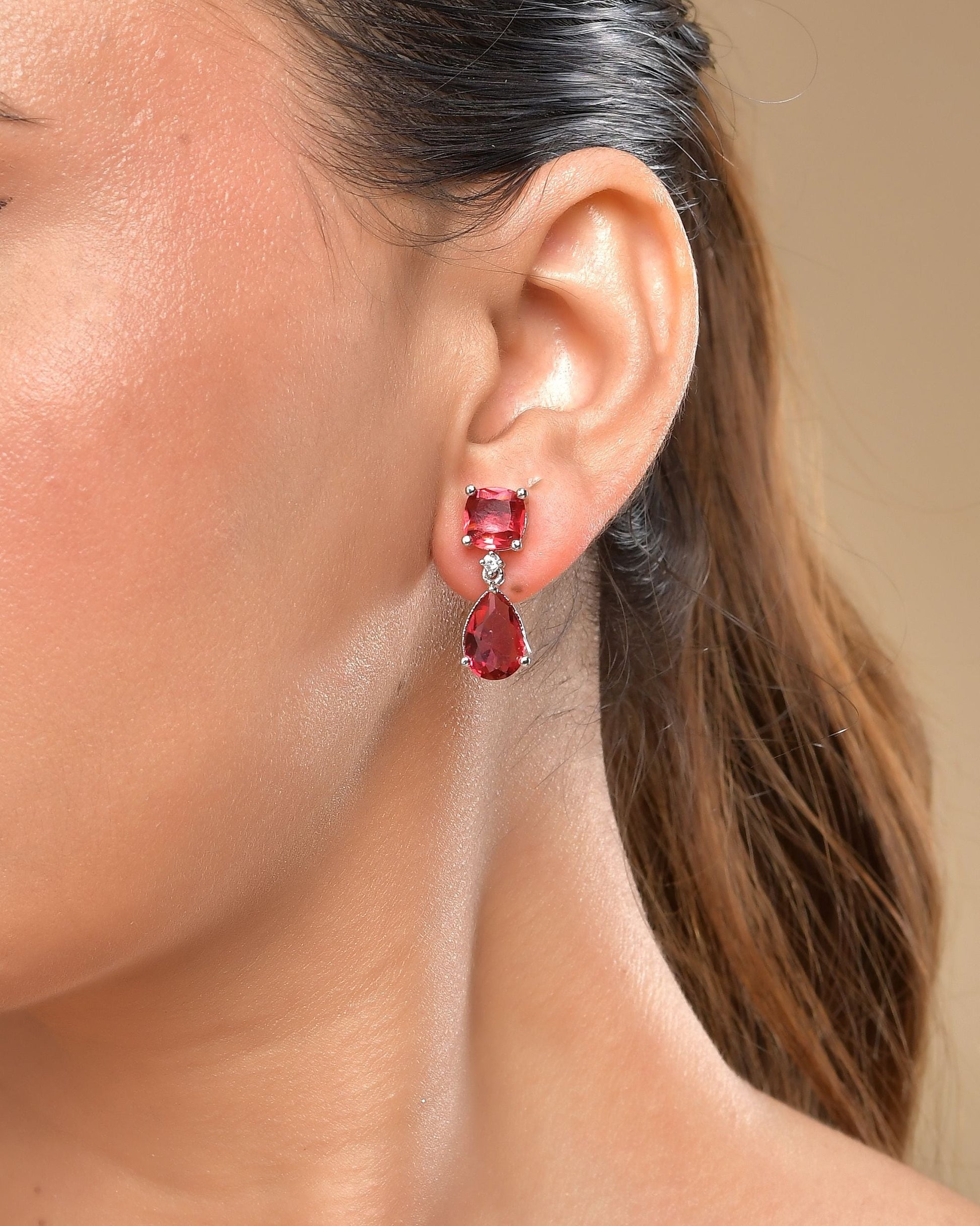 VOJ Silver Plated Red Stone Studded Studs Earrings 