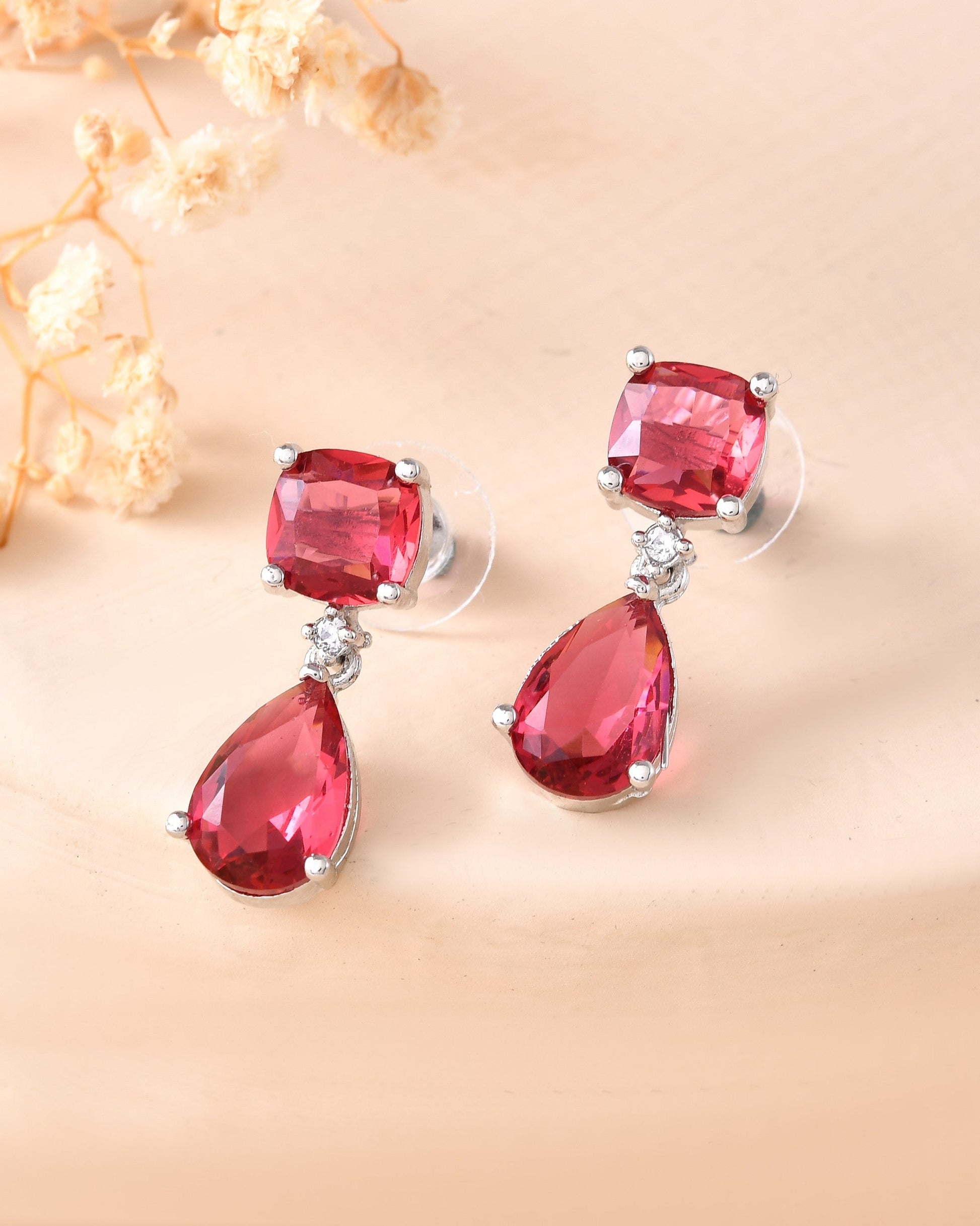 VOJ Silver Plated Red Stone Studded Studs Earrings 