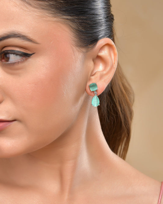 VOJ Silver Plated Sea Green Stone Studded Studs Earrings 