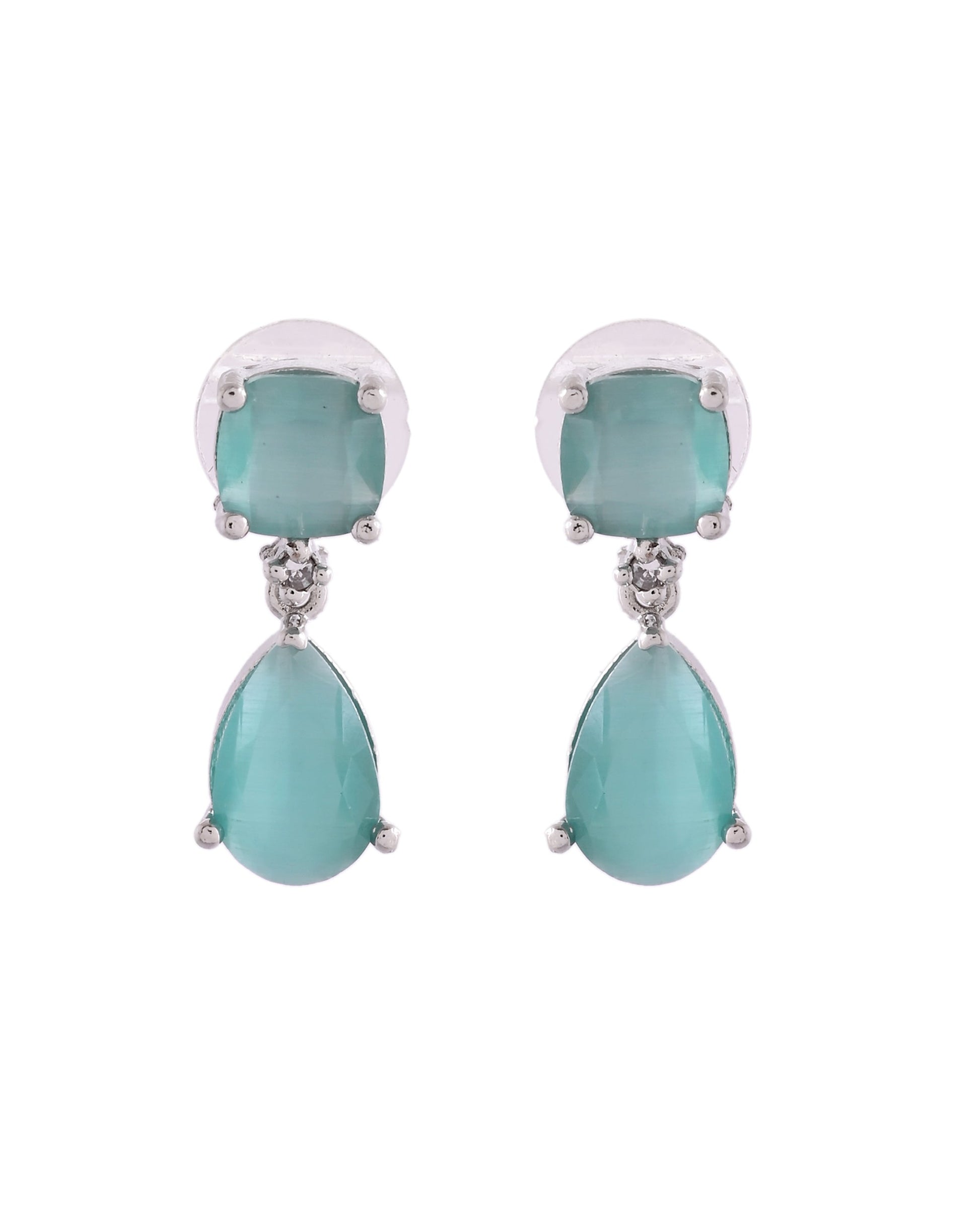 VOJ Silver Plated Sea Green Stone Studded Studs Earrings 