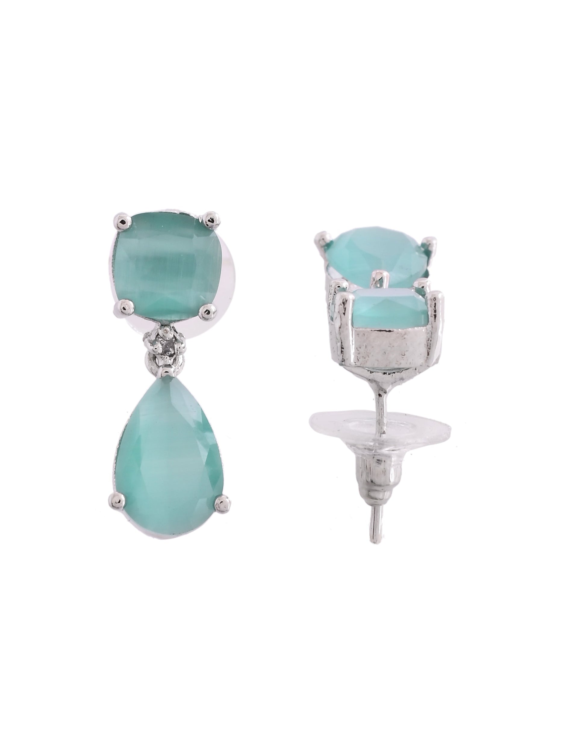 VOJ Silver Plated Sea Green Stone Studded Studs Earrings 