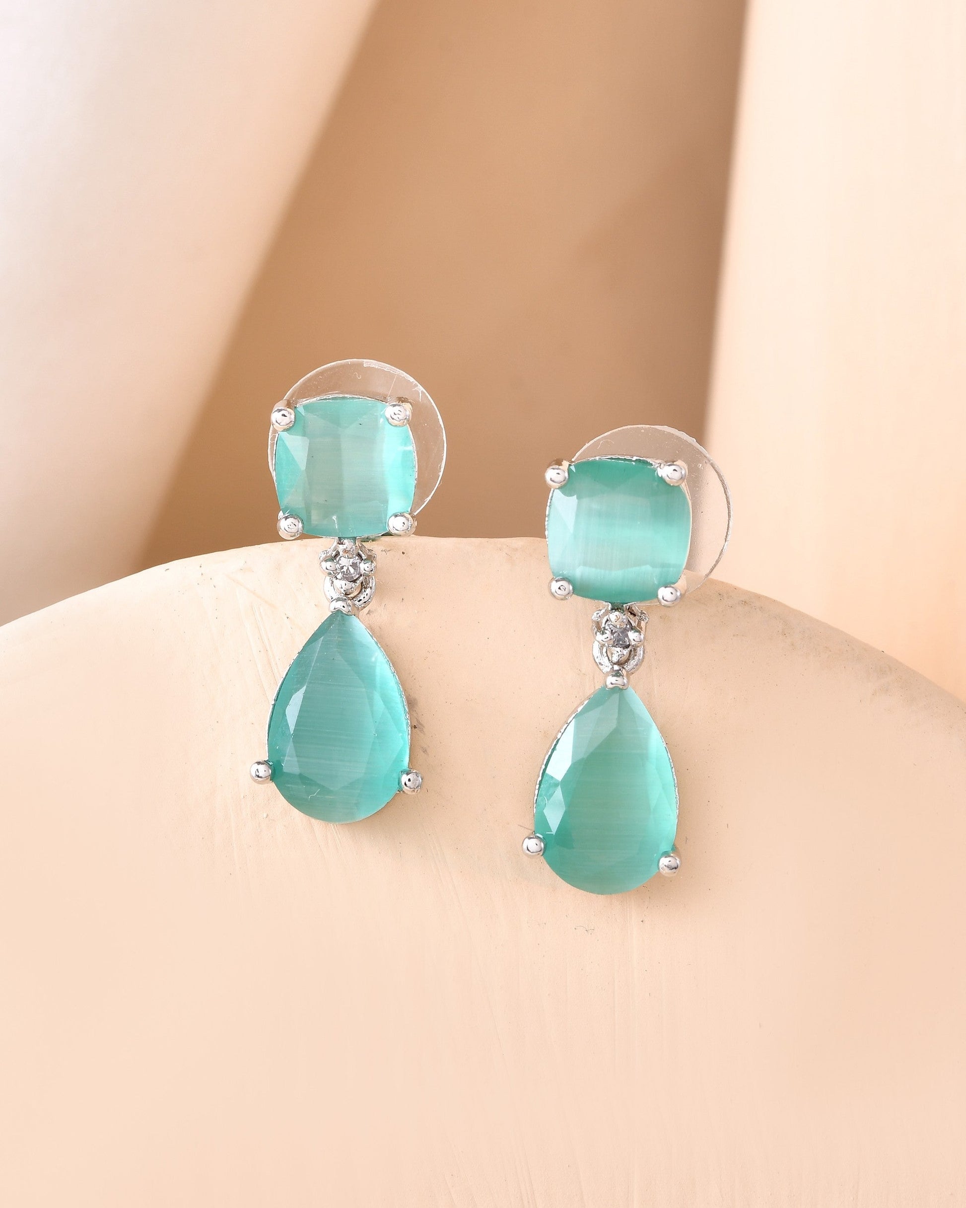 VOJ Silver Plated Sea Green Stone Studded Studs Earrings 