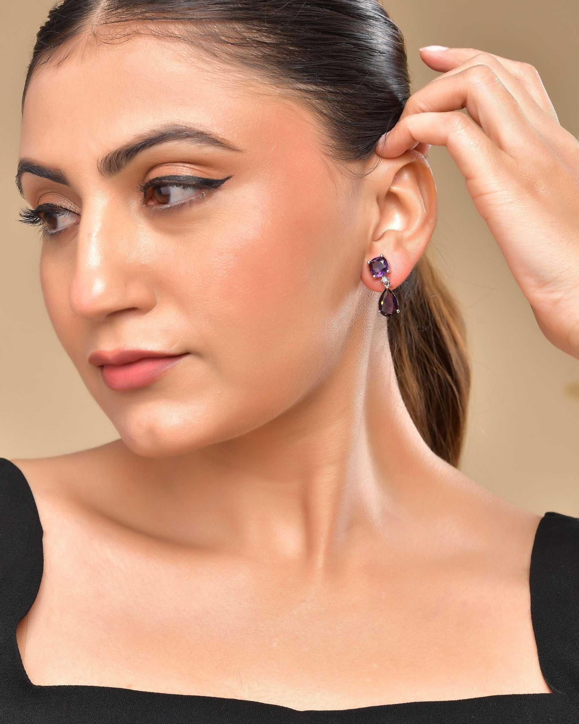 VOJ Silver Plated Purple Stone Studded Studs Earrings 