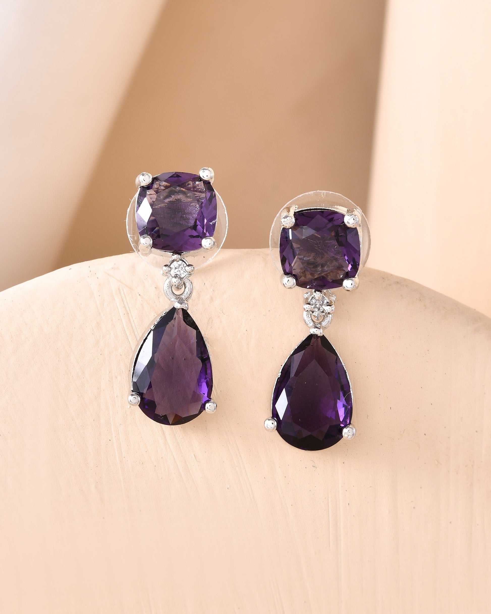 VOJ Silver Plated Purple Stone Studded Studs Earrings 