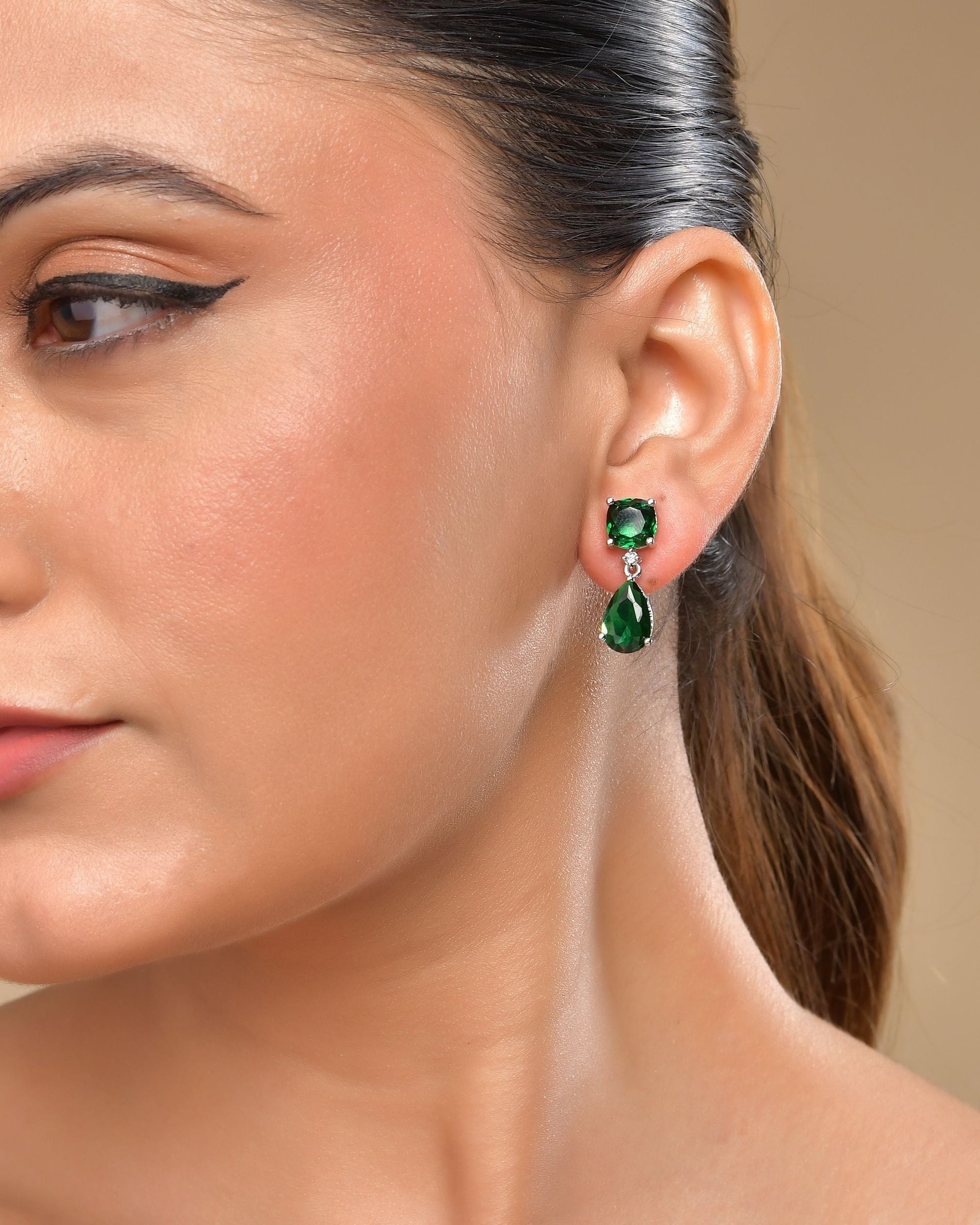VOJ Silver Plated Green Stone Studded Studs Earrings 
