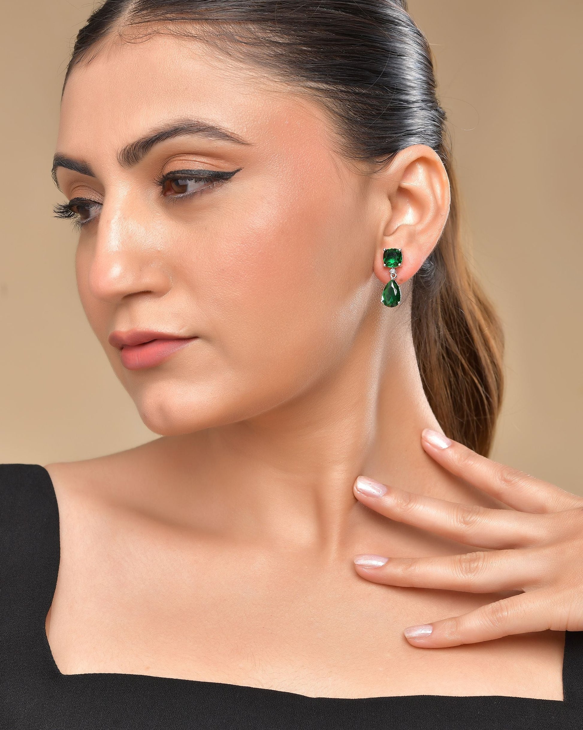 VOJ Silver Plated Green Stone Studded Studs Earrings 