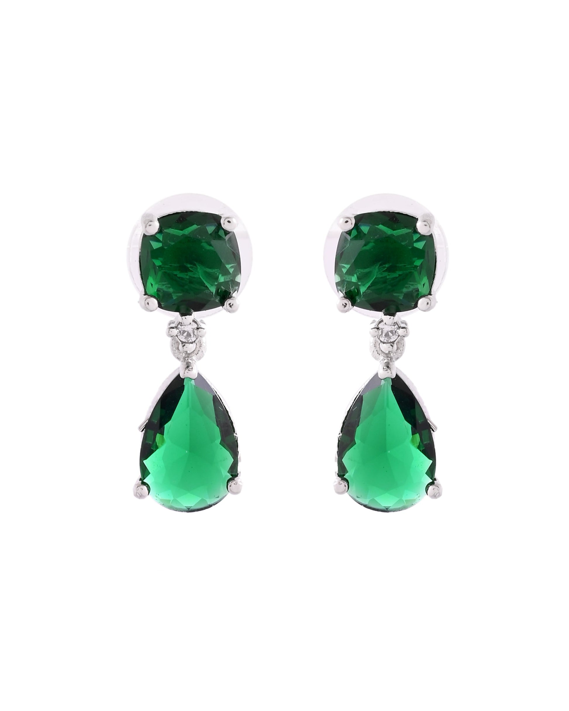 VOJ Silver Plated Green Stone Studded Studs Earrings 