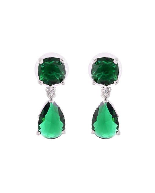 VOJ Silver Plated Green Stone Studded Studs Earrings 