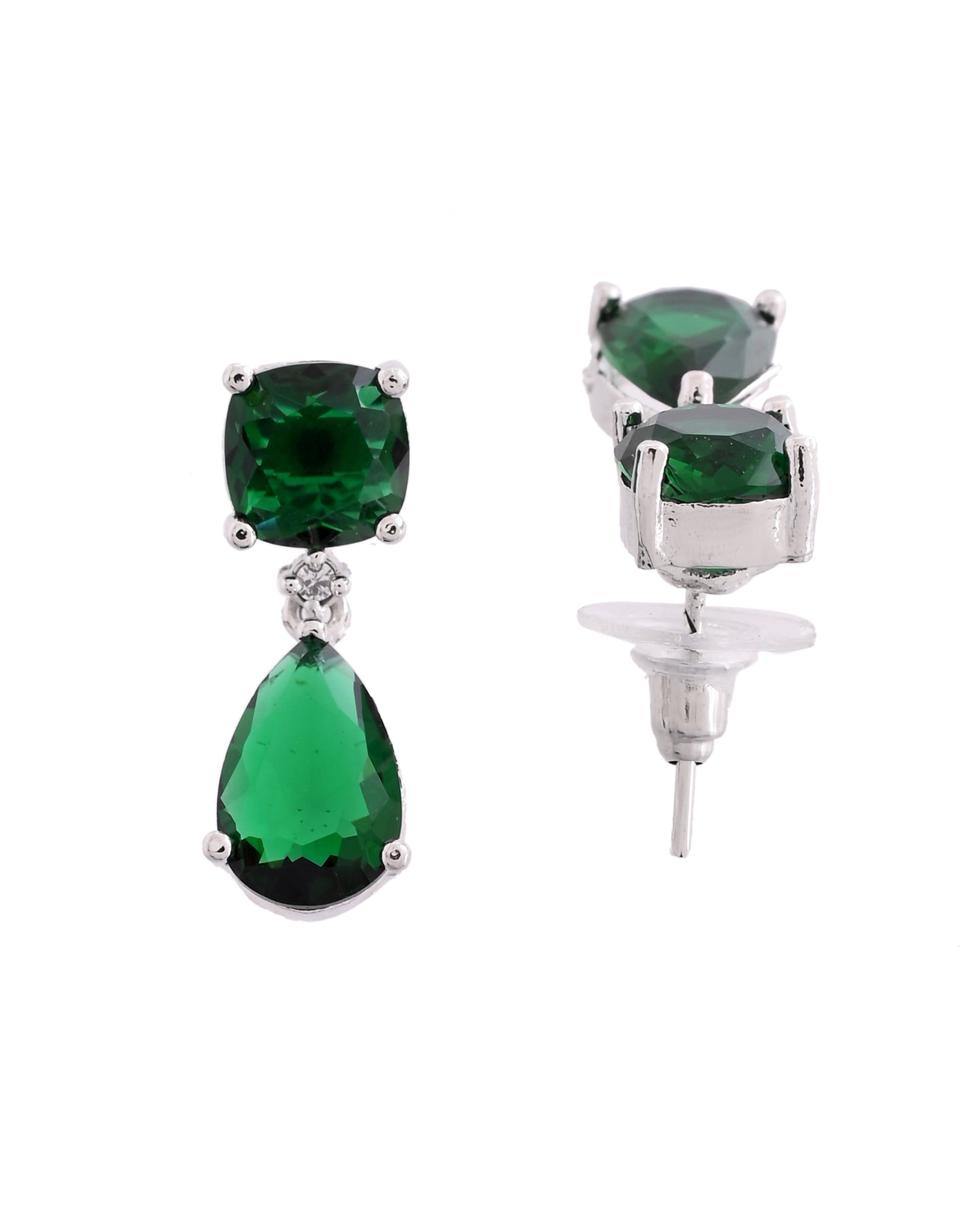 VOJ Silver Plated Green Stone Studded Studs Earrings 
