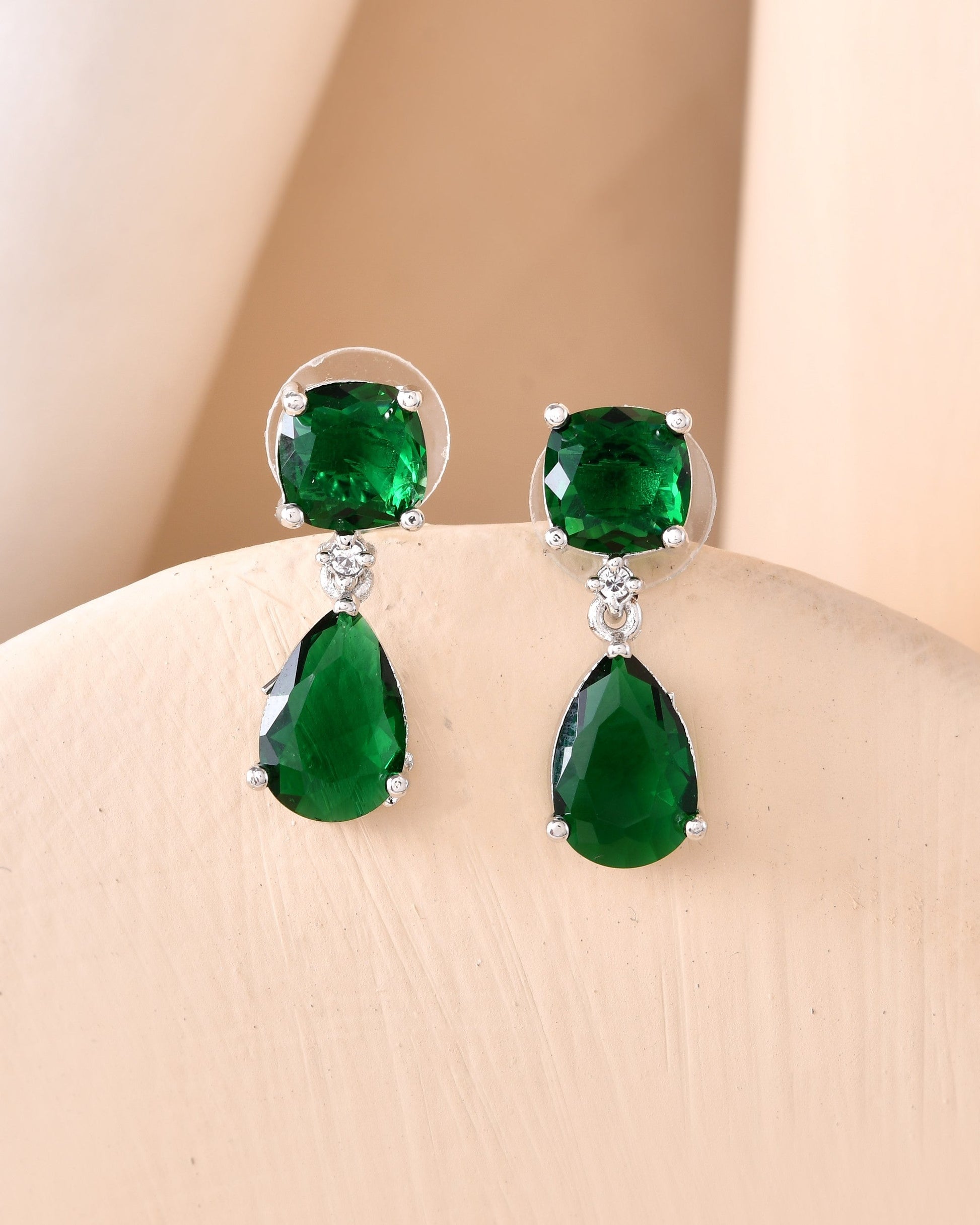 VOJ Silver Plated Green Stone Studded Studs Earrings 