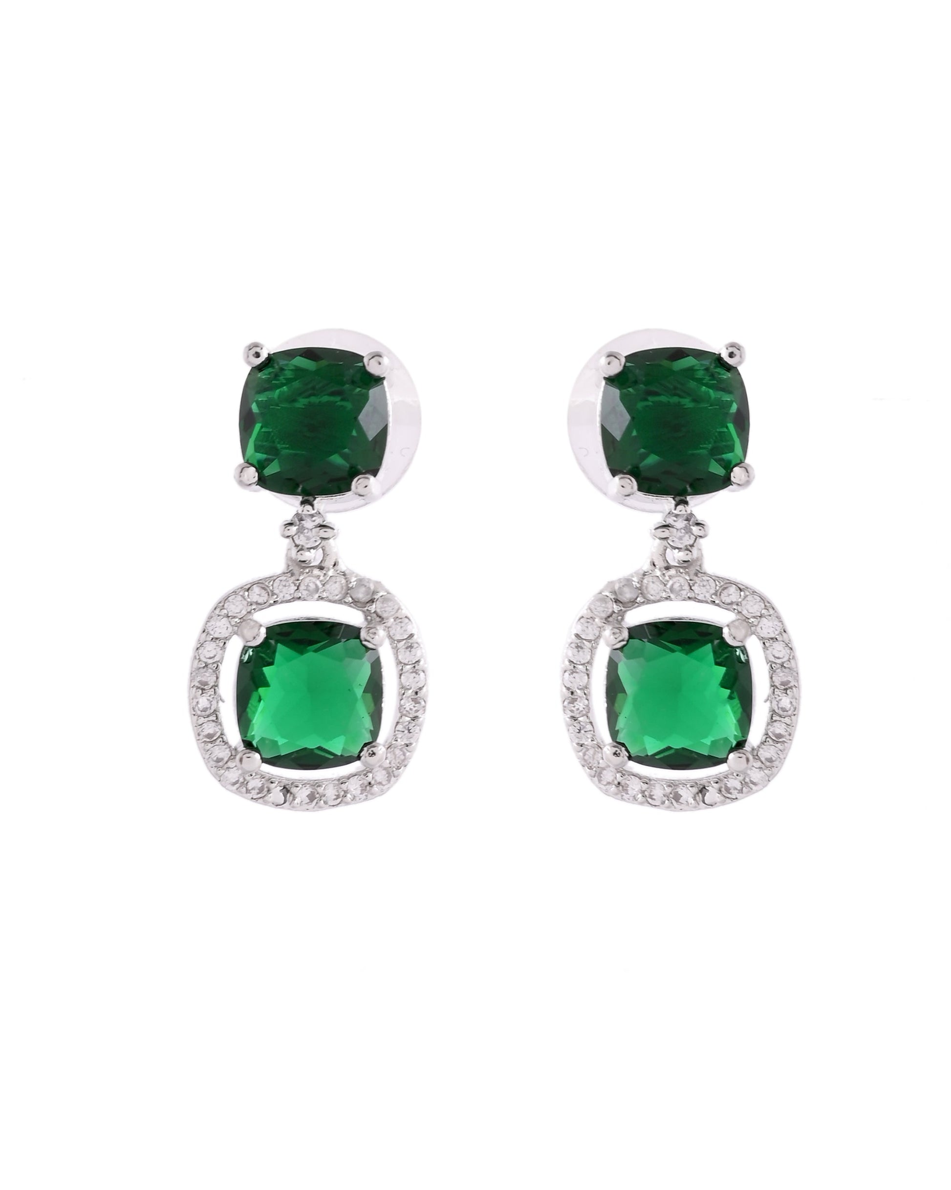 VOJ Silver Plated Green Stone Geometrical Shaped Earrings 