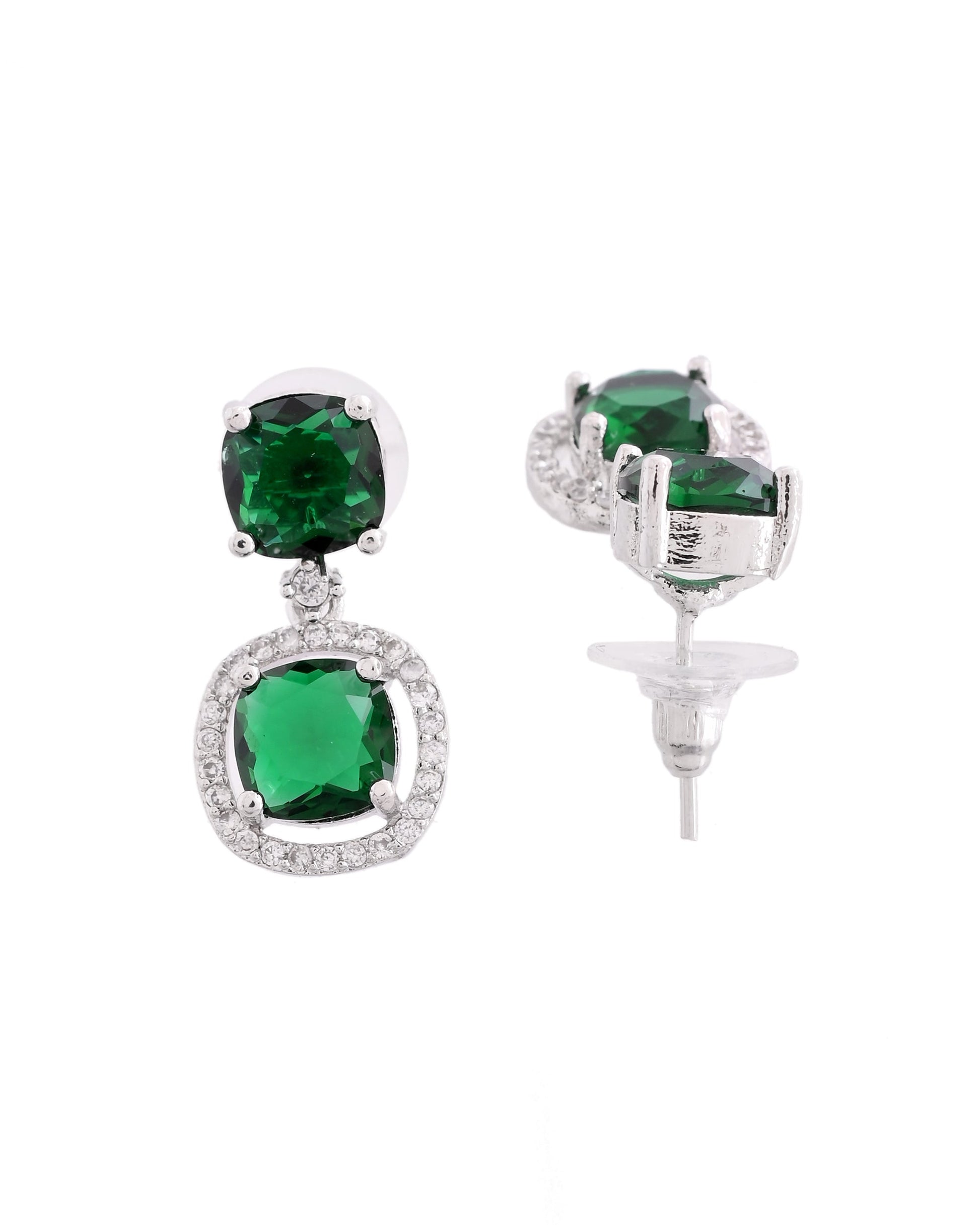 VOJ Silver Plated Green Stone Geometrical Shaped Earrings 
