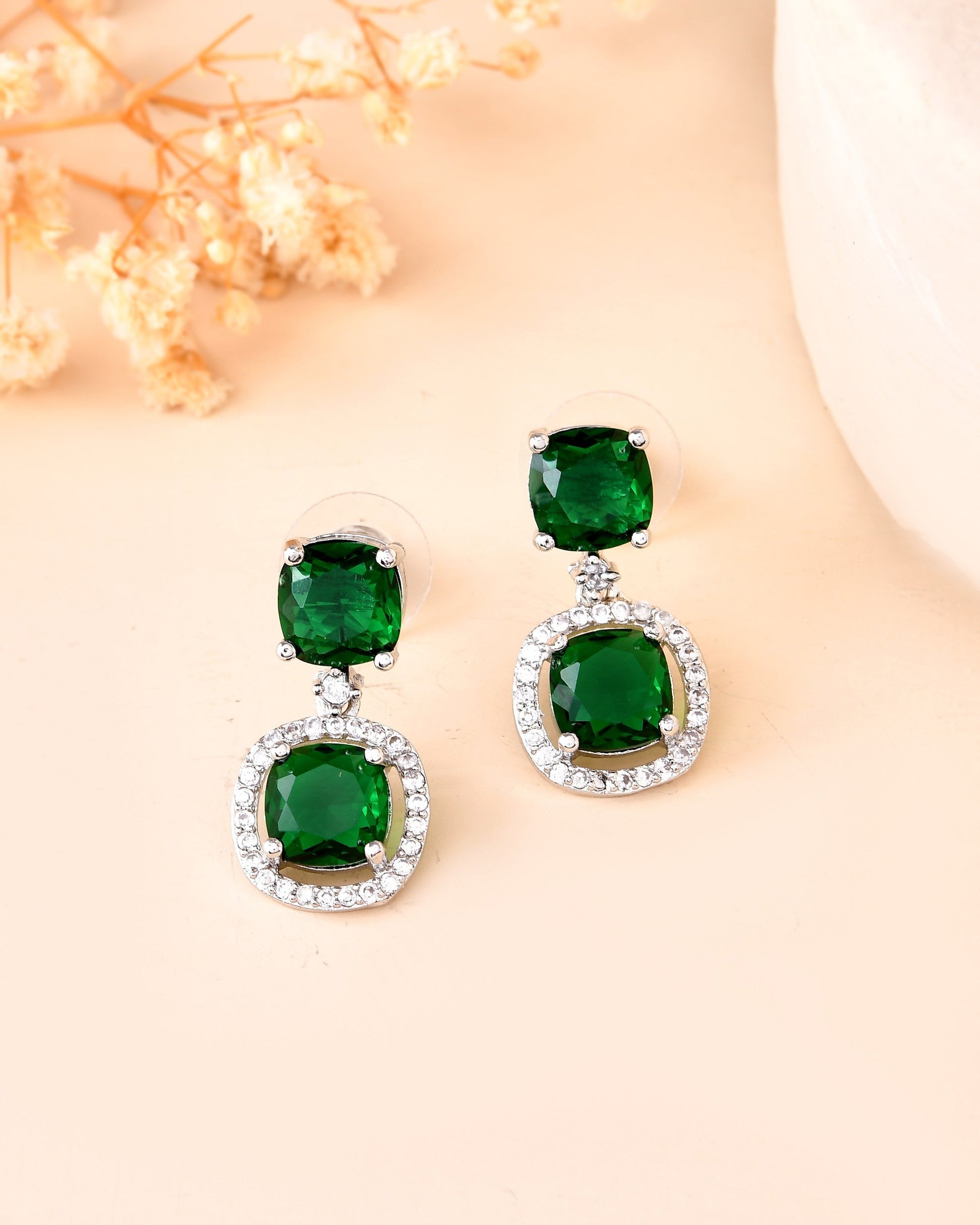 VOJ Silver Plated Green Stone Geometrical Shaped Earrings 