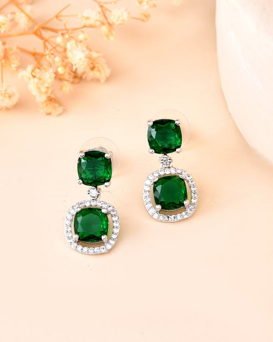 VOJ Silver Plated Green Stone Geometrical Shaped Earrings 