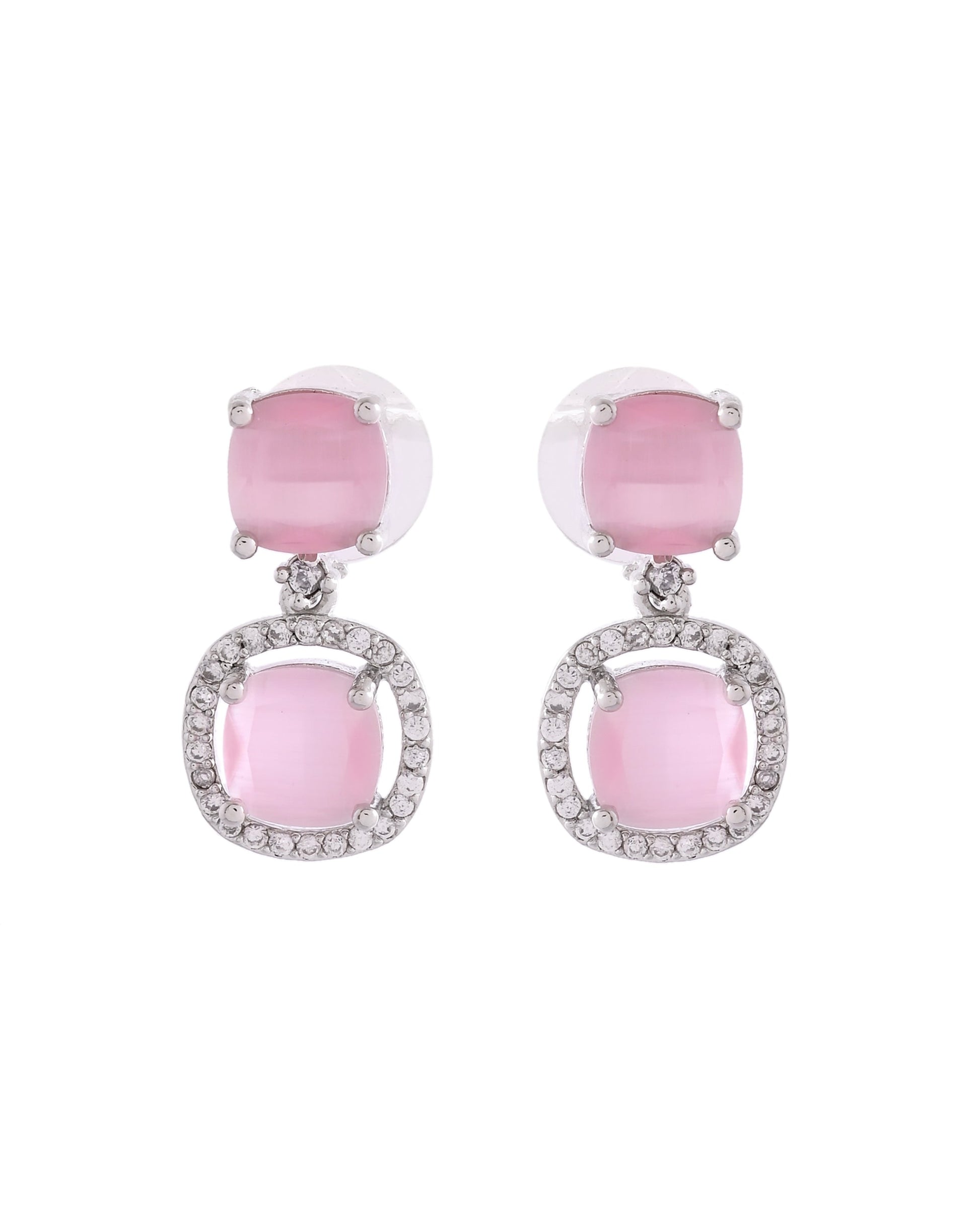 VOJ Silver Plated Baby Pink Stone Geometrical Shaped Earrings 