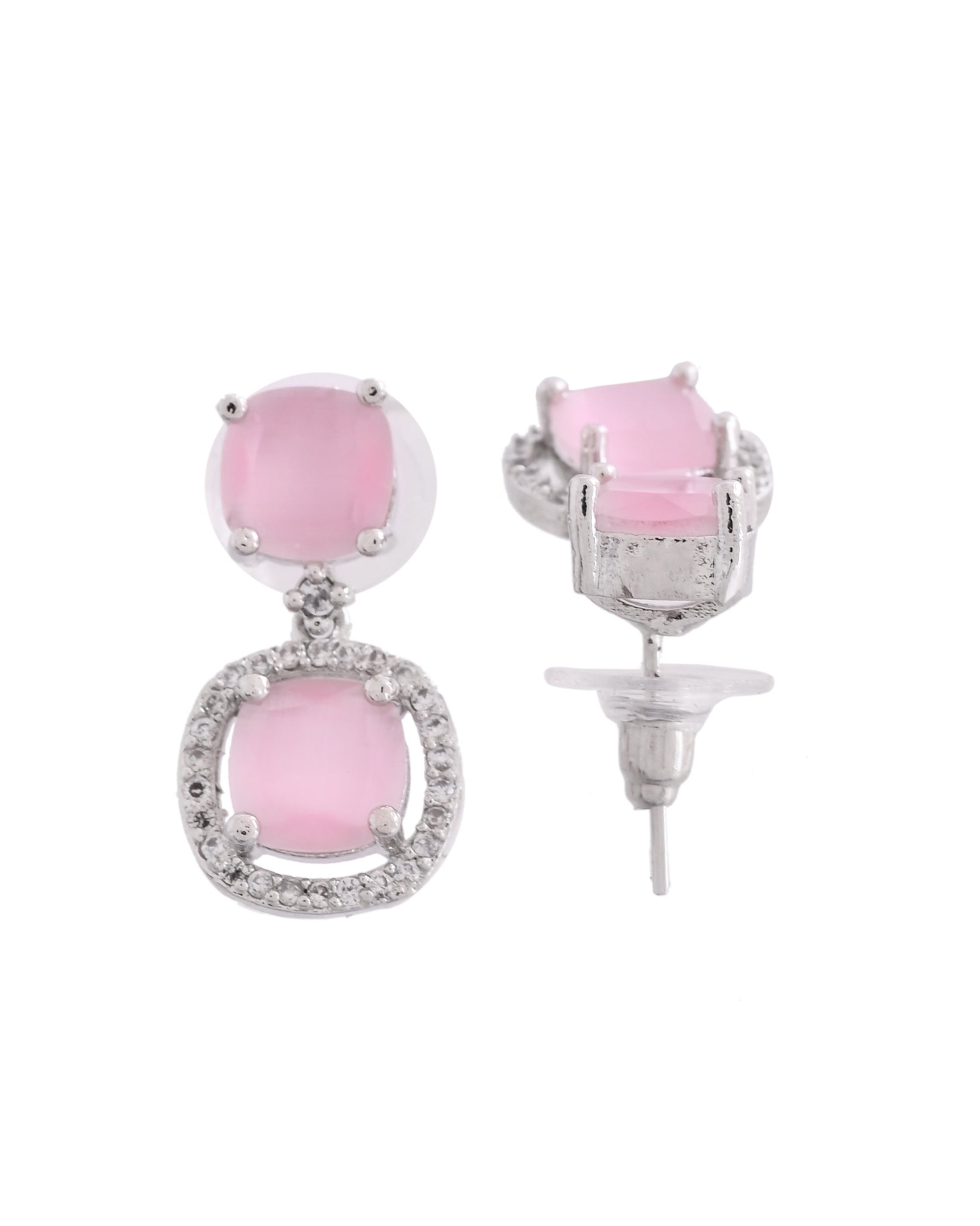 VOJ Silver Plated Baby Pink Stone Geometrical Shaped Earrings 