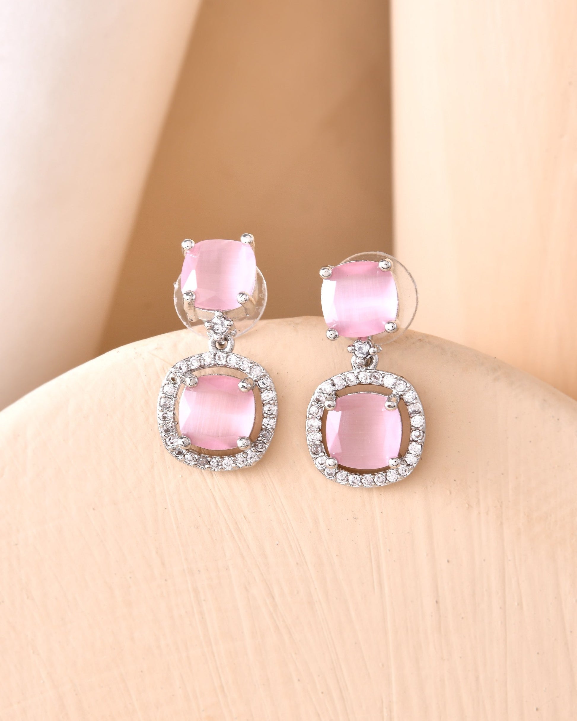 VOJ Silver Plated Baby Pink Stone Geometrical Shaped Earrings 