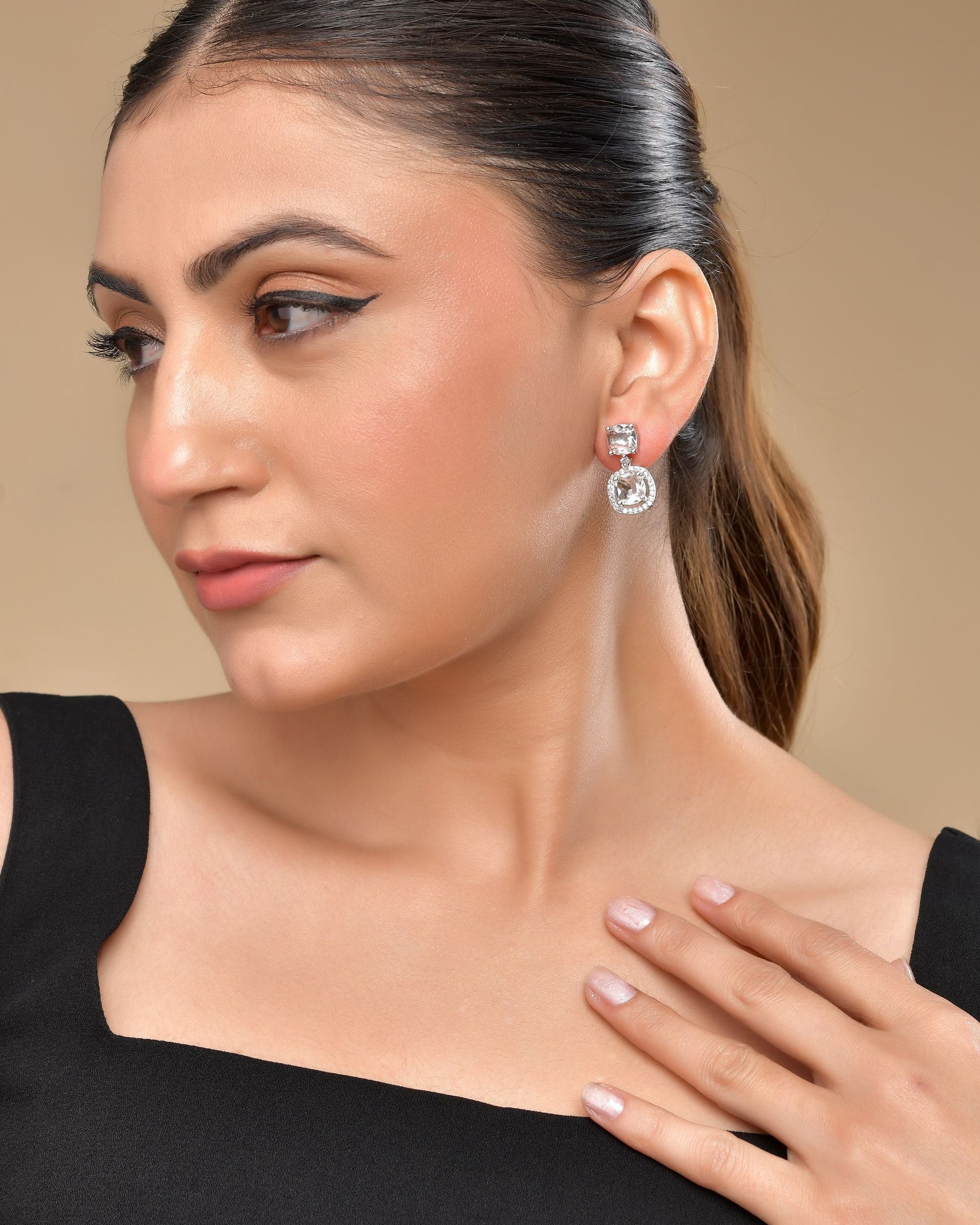 VOJ Silver Plated Stone Geometrical Shaped Earrings 