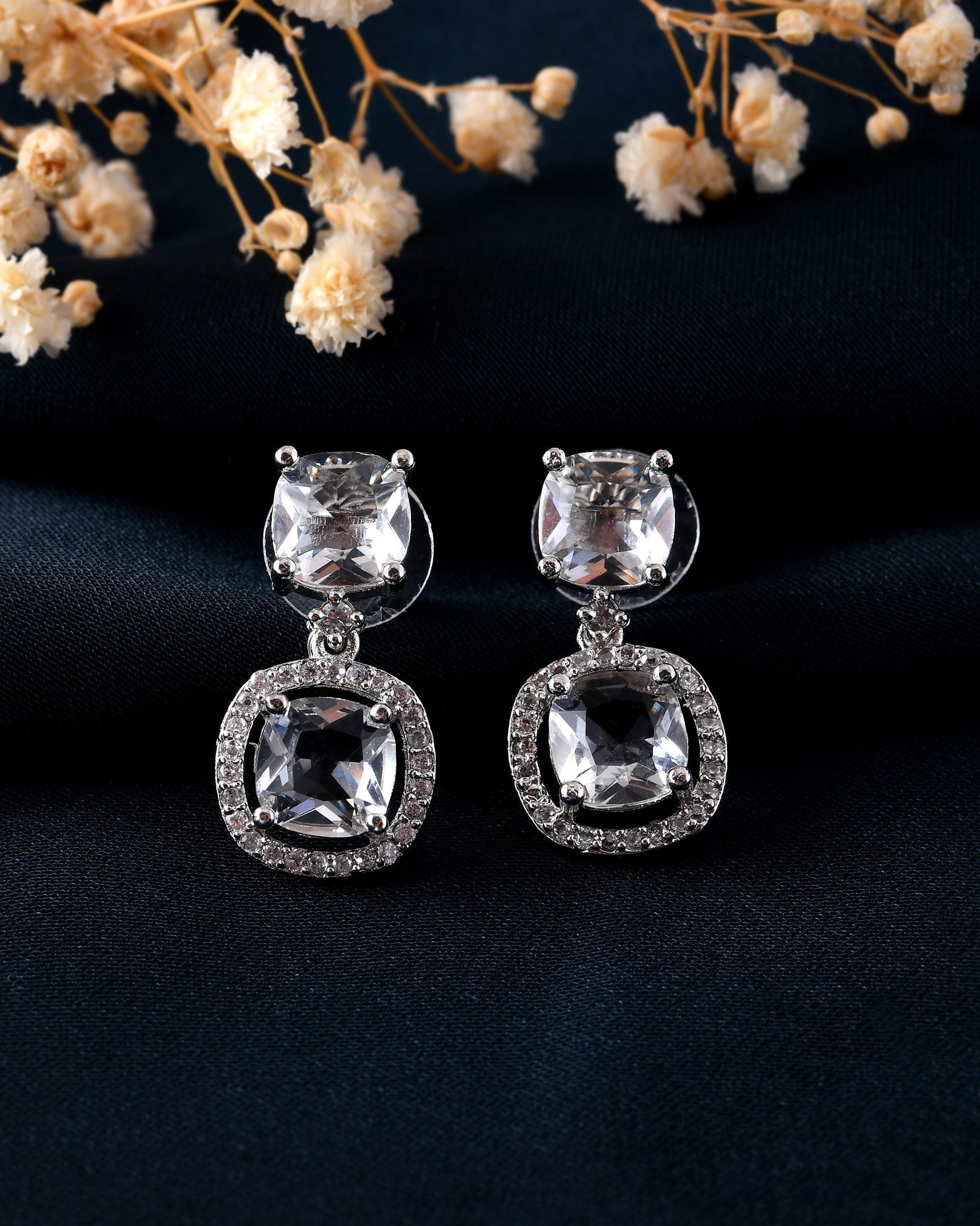 VOJ Silver Plated Stone Geometrical Shaped Earrings 