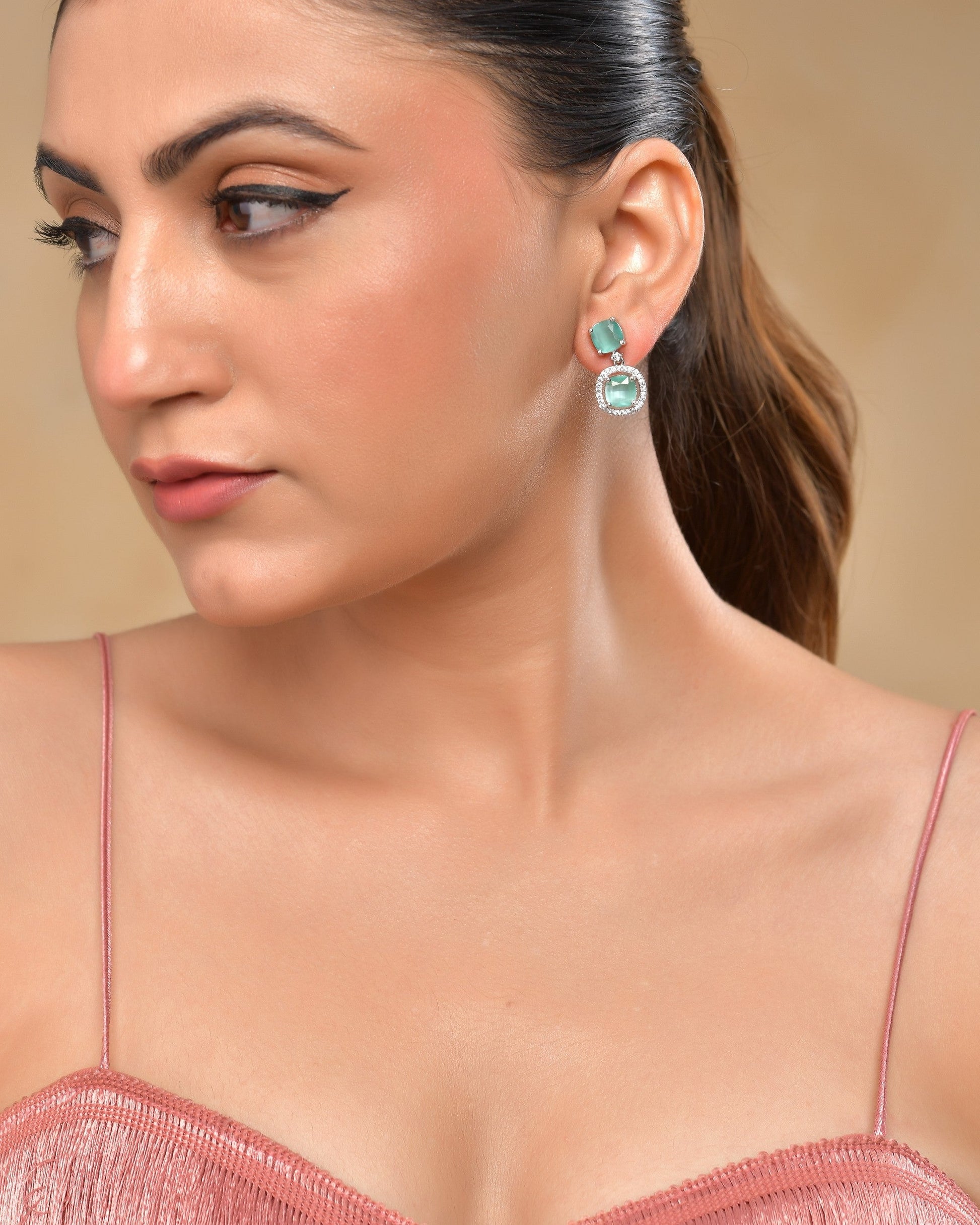 VOJ Silver Plated Sea Green Stone Geometrical Shaped Earrings 