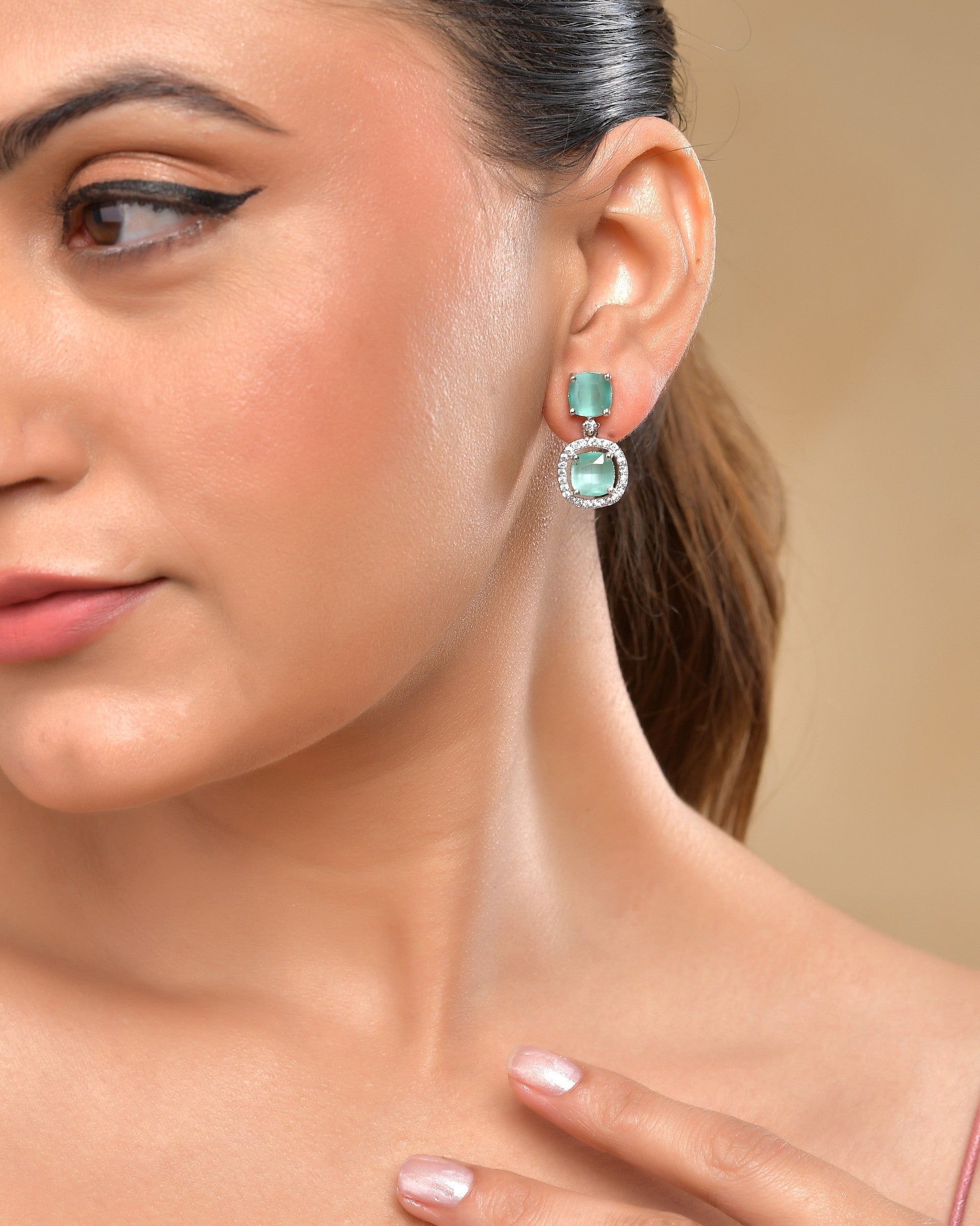 VOJ Silver Plated Sea Green Stone Geometrical Shaped Earrings 