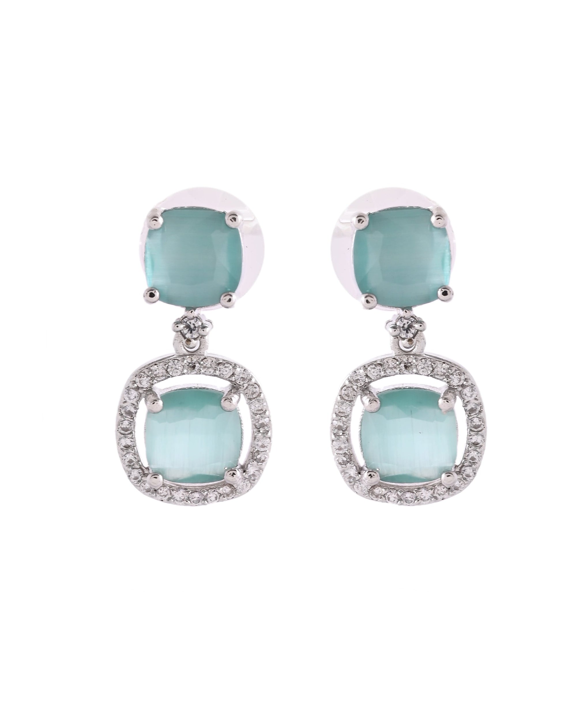 VOJ Silver Plated Sea Green Stone Geometrical Shaped Earrings 