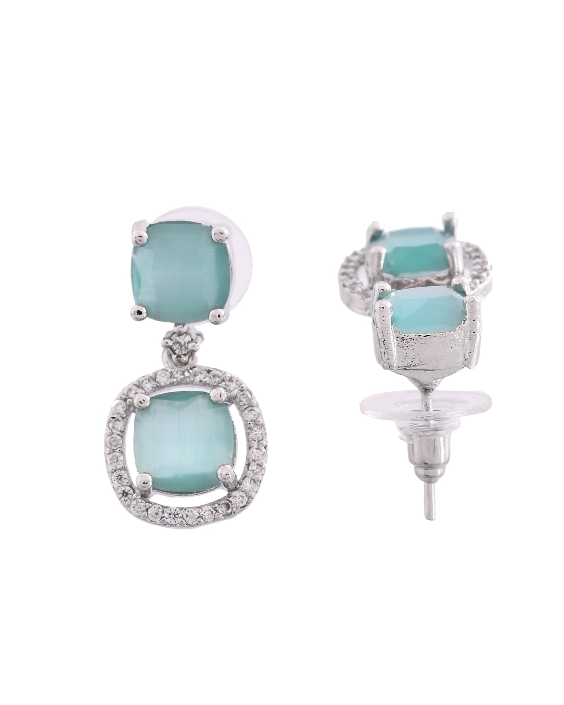 VOJ Silver Plated Sea Green Stone Geometrical Shaped Earrings 