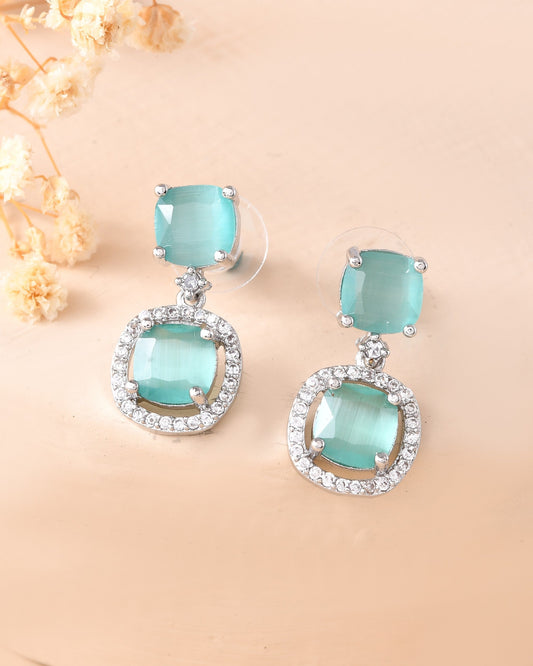 VOJ Silver Plated Sea Green Stone Geometrical Shaped Earrings 