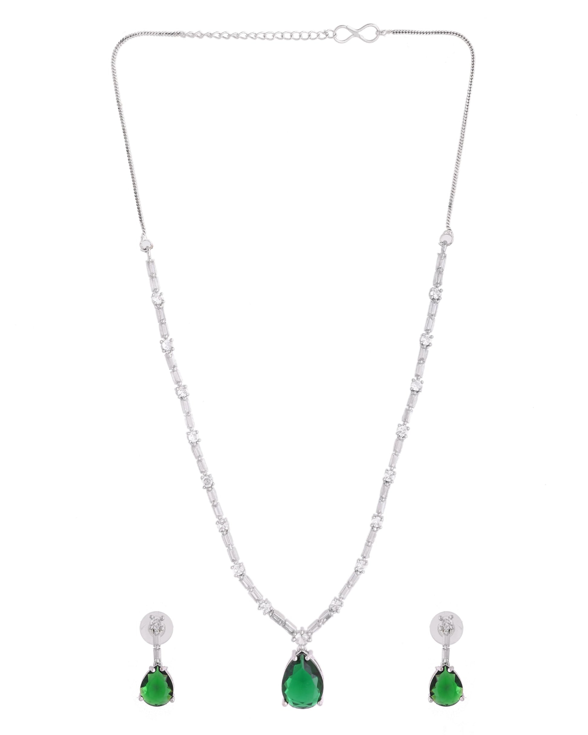 VOJ Silver Plated Green Teardrop Stone Studded Simple Jewellery Set 