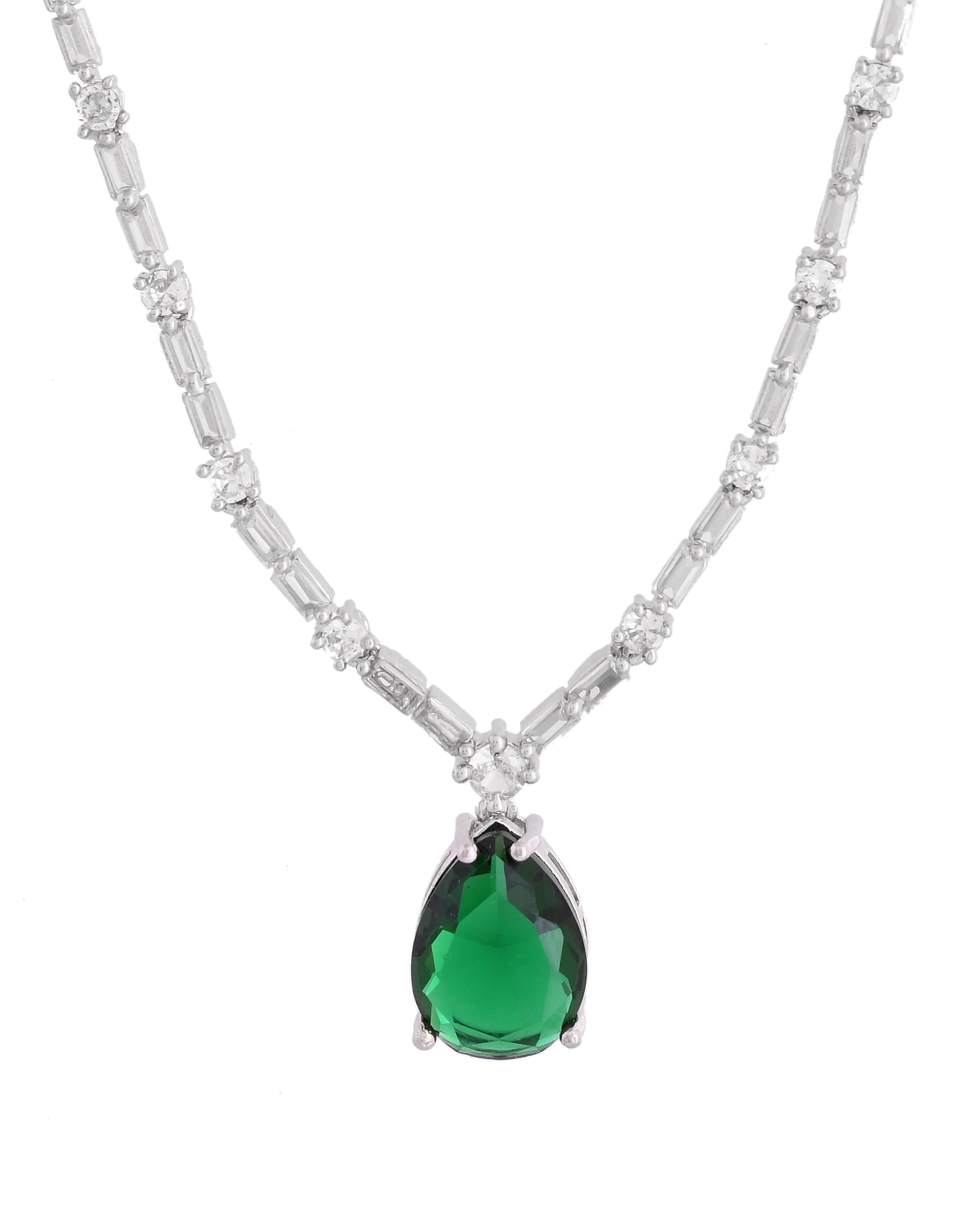 VOJ Silver Plated Green Teardrop Stone Studded Simple Jewellery Set 