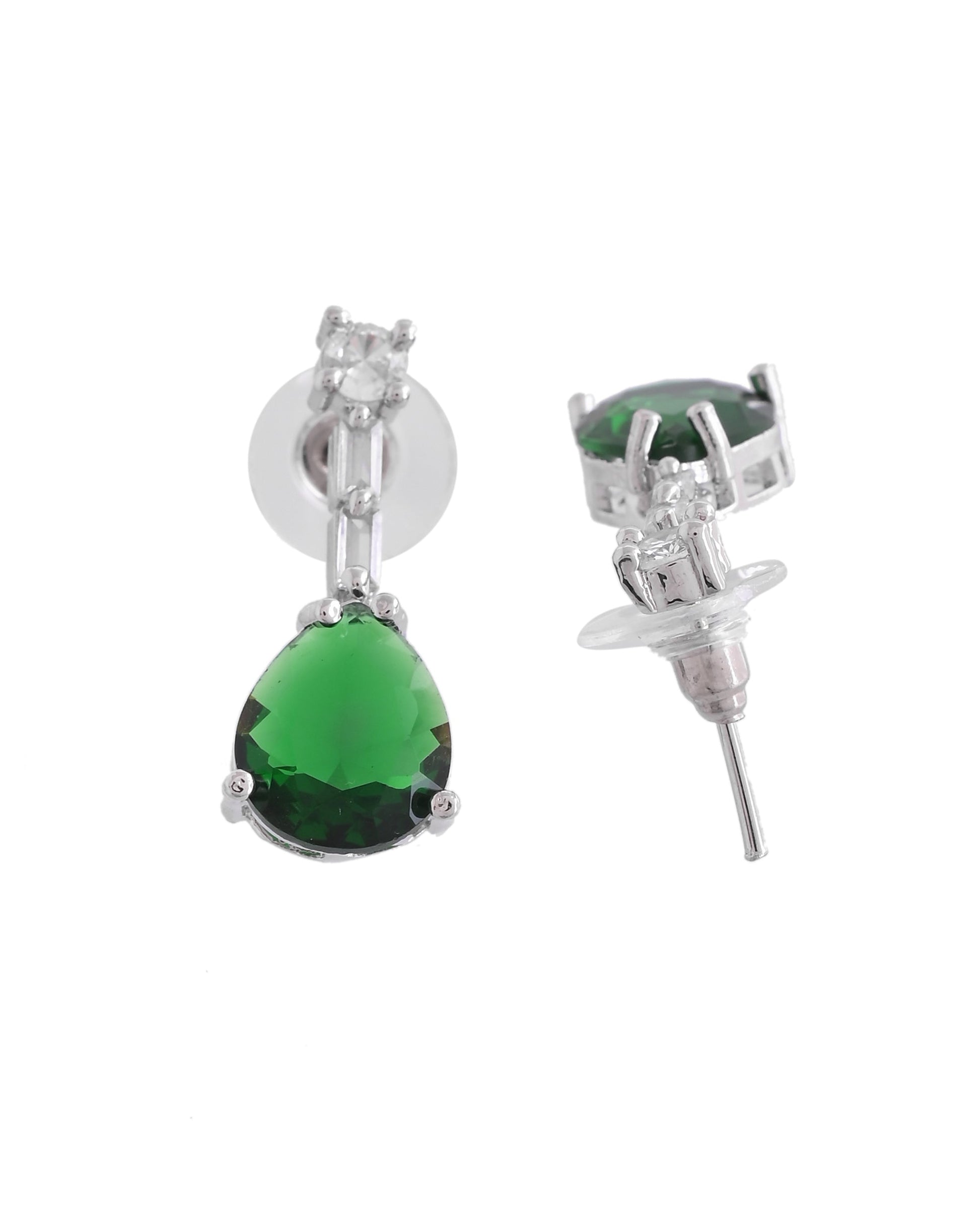 VOJ Silver Plated Green Teardrop Stone Studded Simple Jewellery Set 
