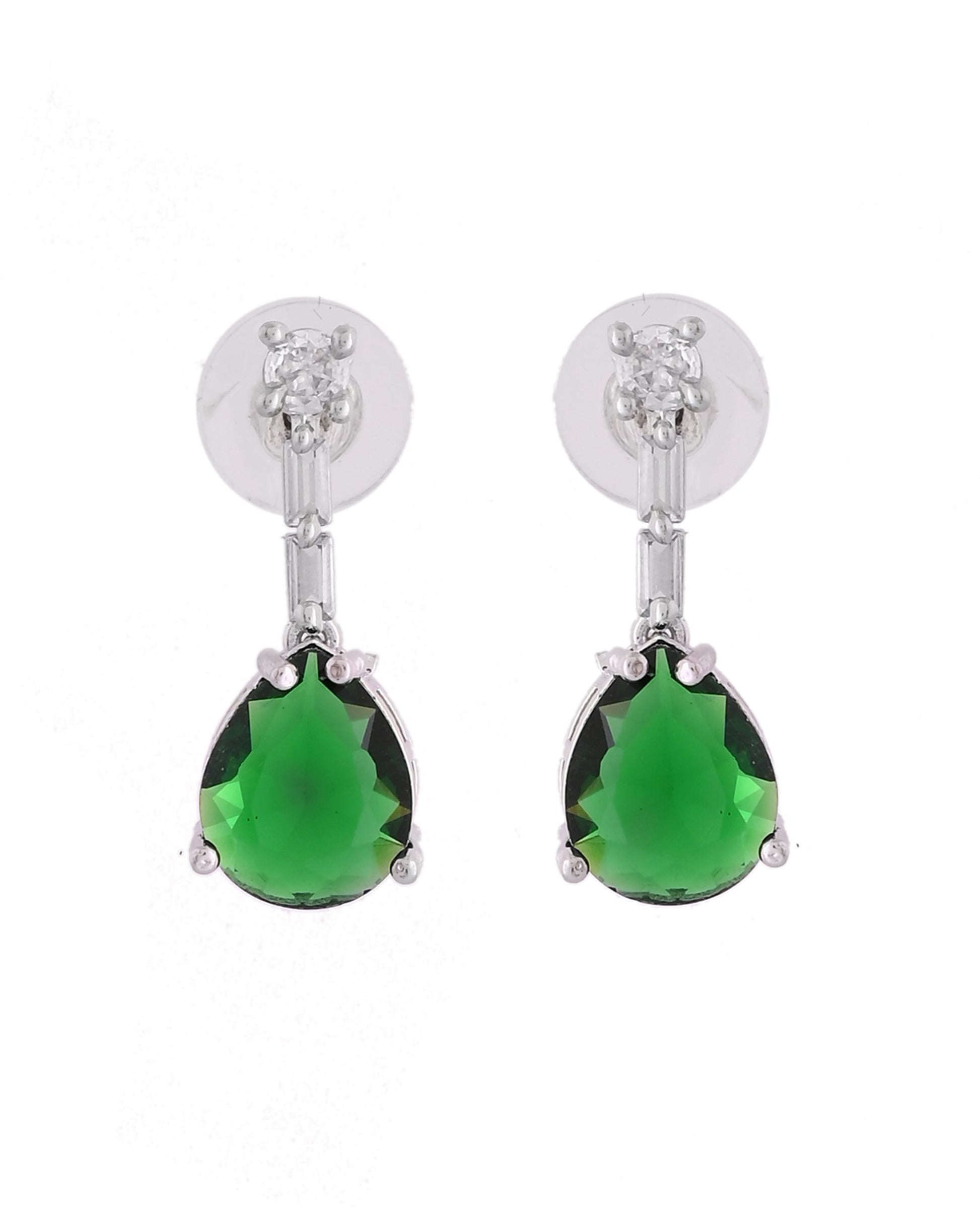 VOJ Silver Plated Green Teardrop Stone Studded Simple Jewellery Set 