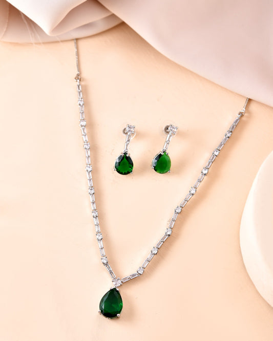 VOJ Silver Plated Green Teardrop Stone Studded Simple Jewellery Set 