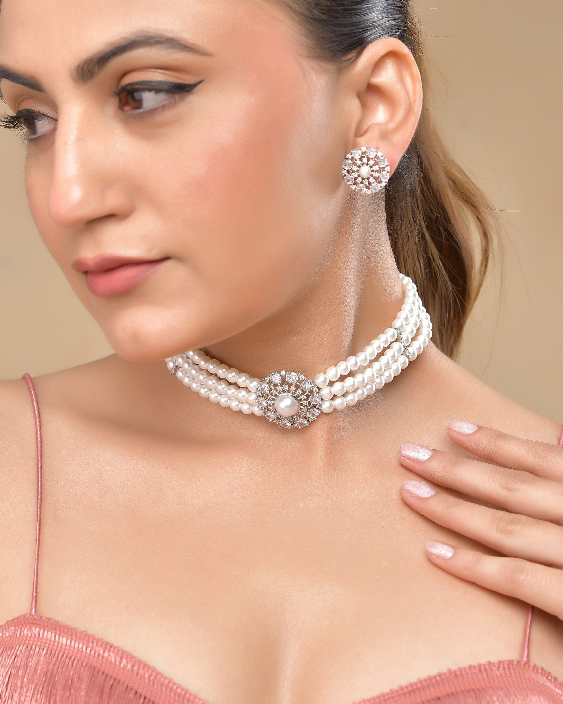 VOJ Silver Plated Pearl And Ad Stone Studded Choker Necklace With Earrings Set 