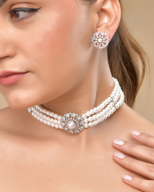 VOJ Silver Plated Pearl And Ad Stone Studded Choker Necklace With Earrings Set 
