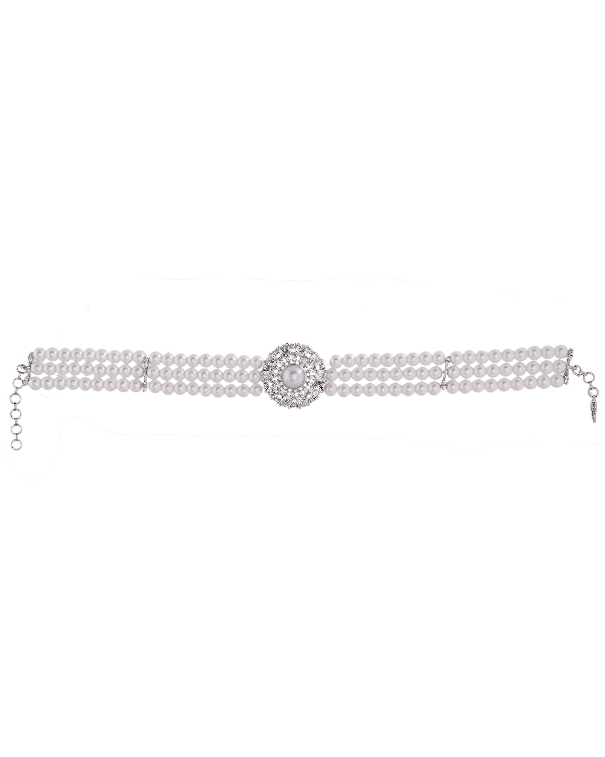 VOJ Silver Plated Pearl And Ad Stone Studded Choker Necklace With Earrings Set 