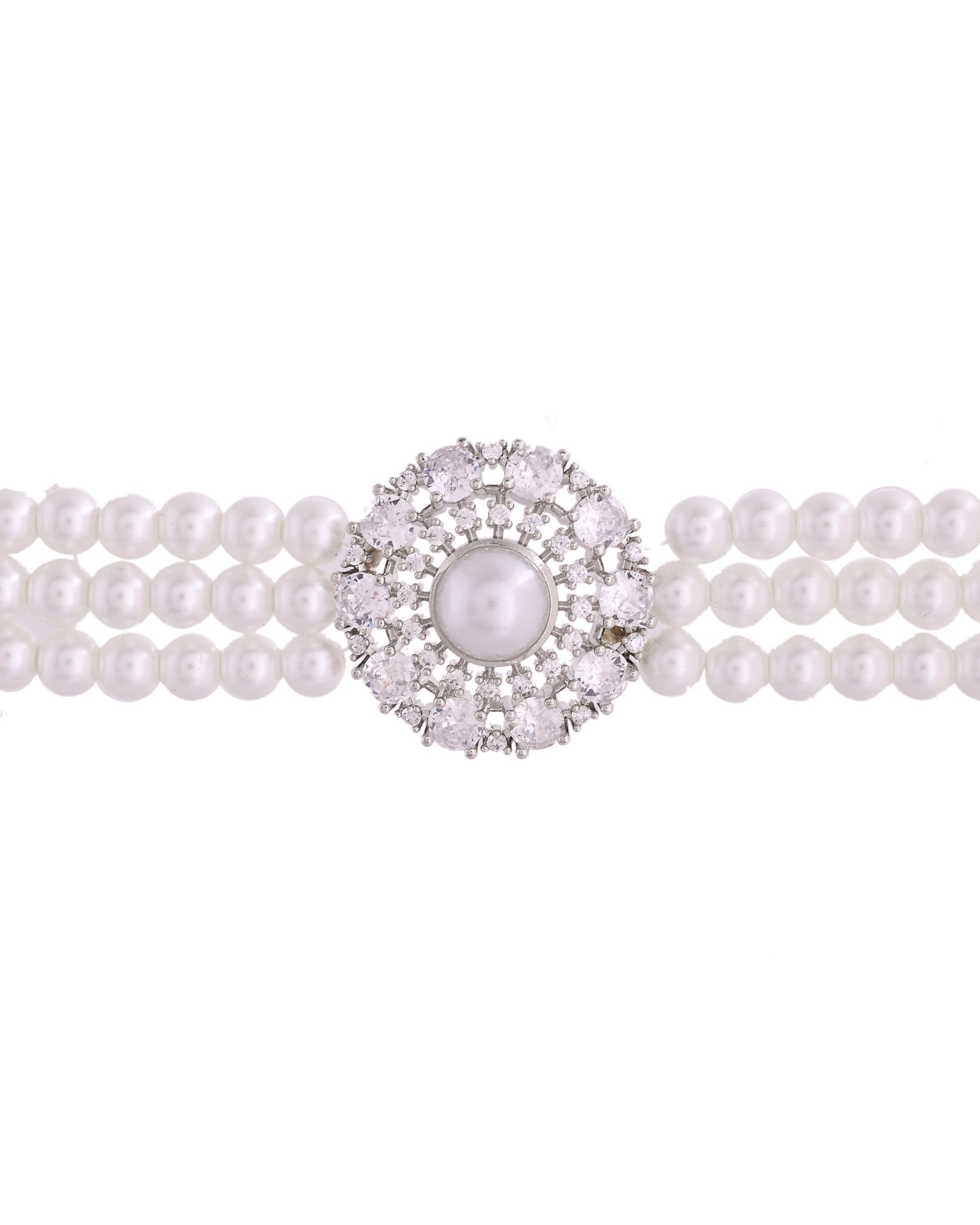VOJ Silver Plated Pearl And Ad Stone Studded Choker Necklace With Earrings Set 
